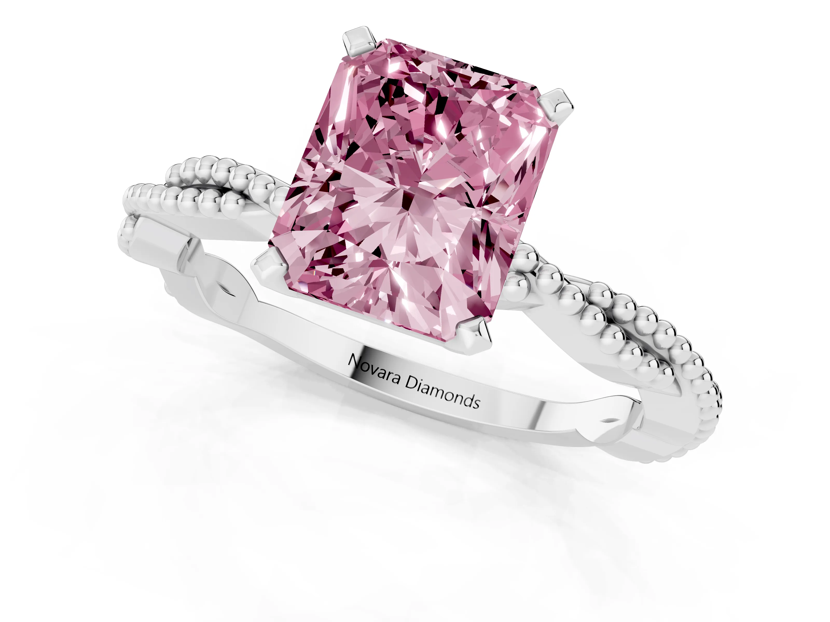 Fancy Pink Radiant Cut Diamond Solitaire Ring Set in Platinum with Twisted Band and Bead Prong Setting