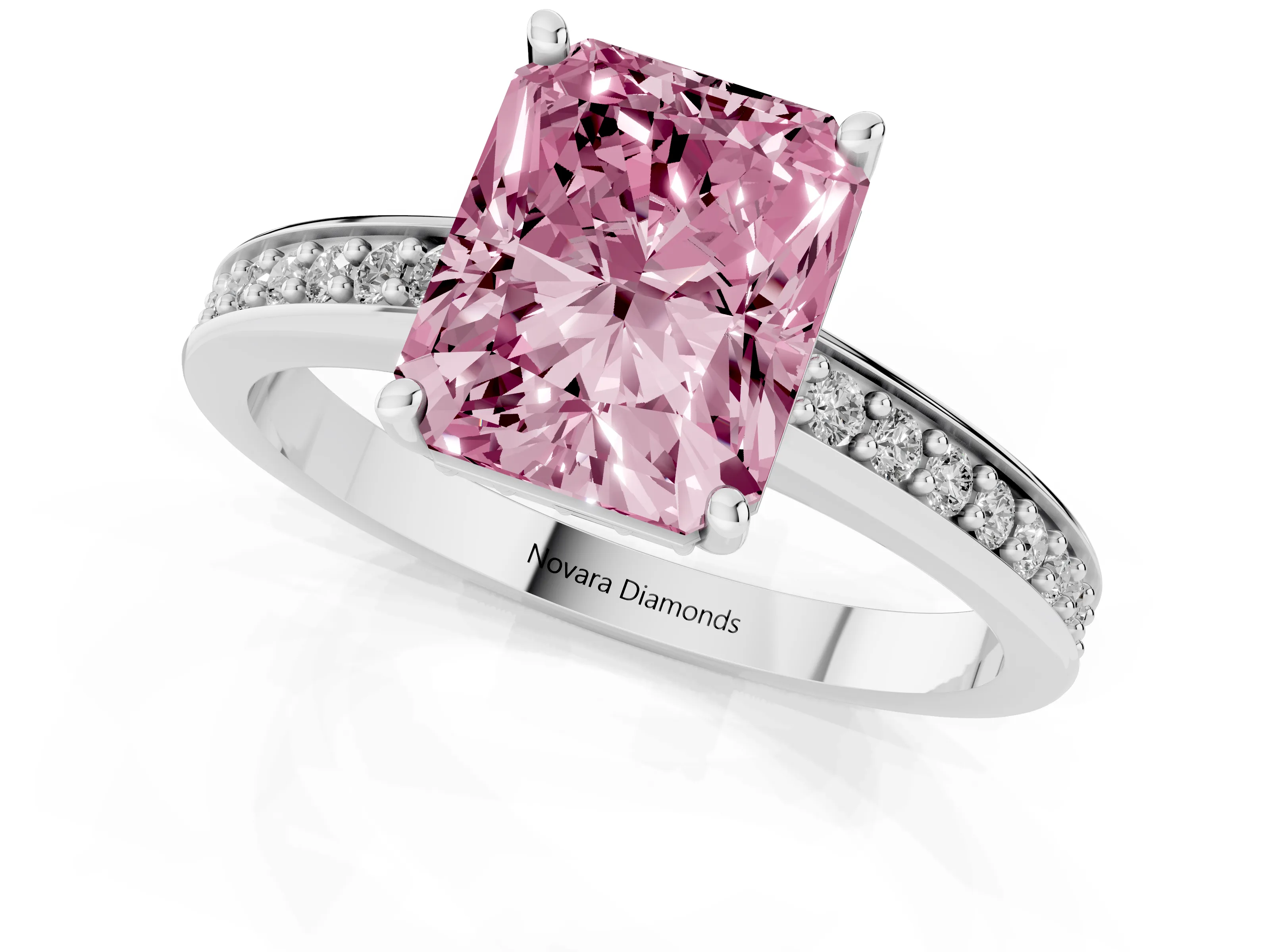 Fancy Pink Radiant Cut Diamond Pavé Band Prong Set Solitaire Ring Set in Silver