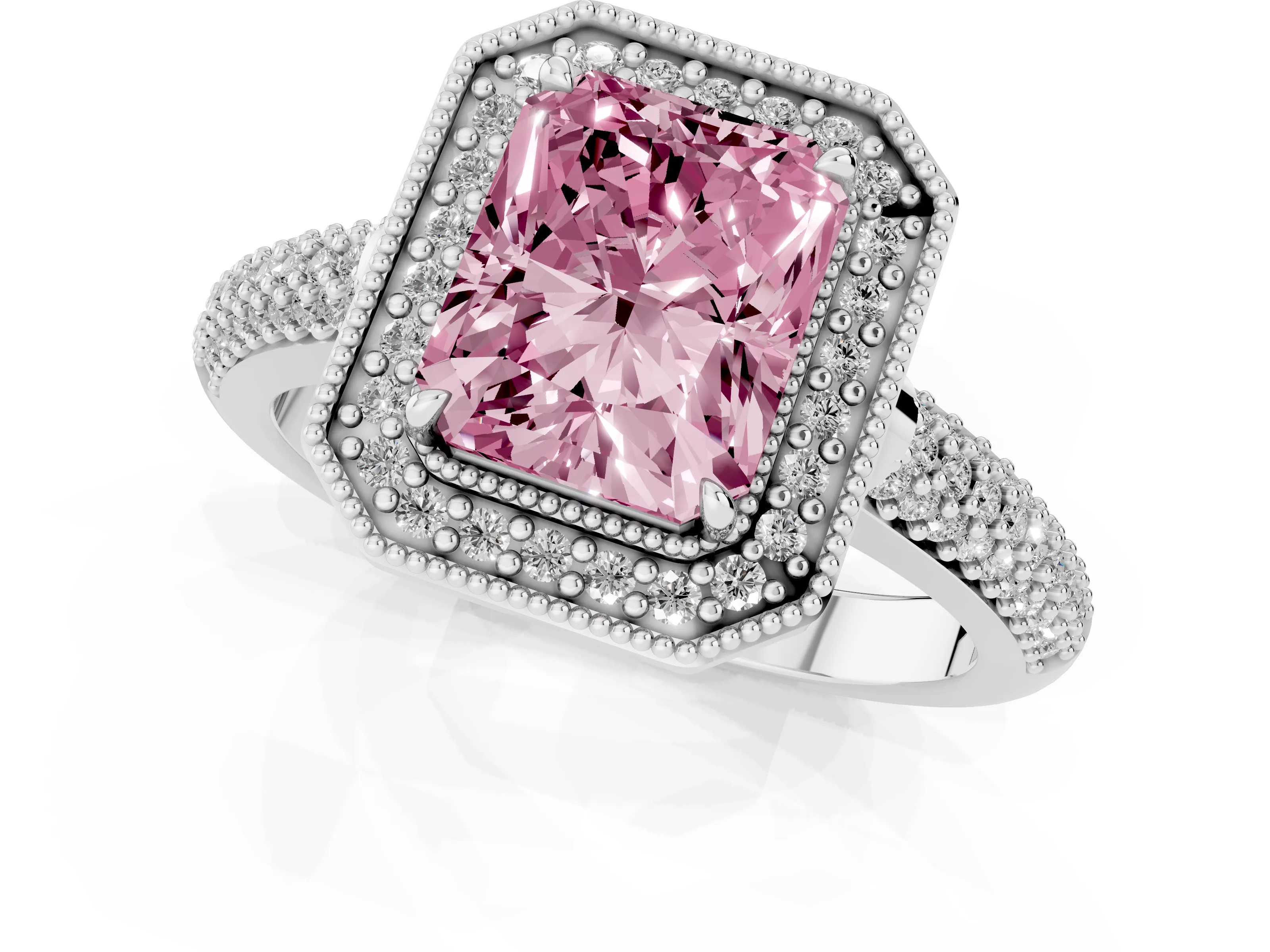 Fancy Pink Radiant Cut Diamond Halo Pavé Band Set in White gold with Prong Setting