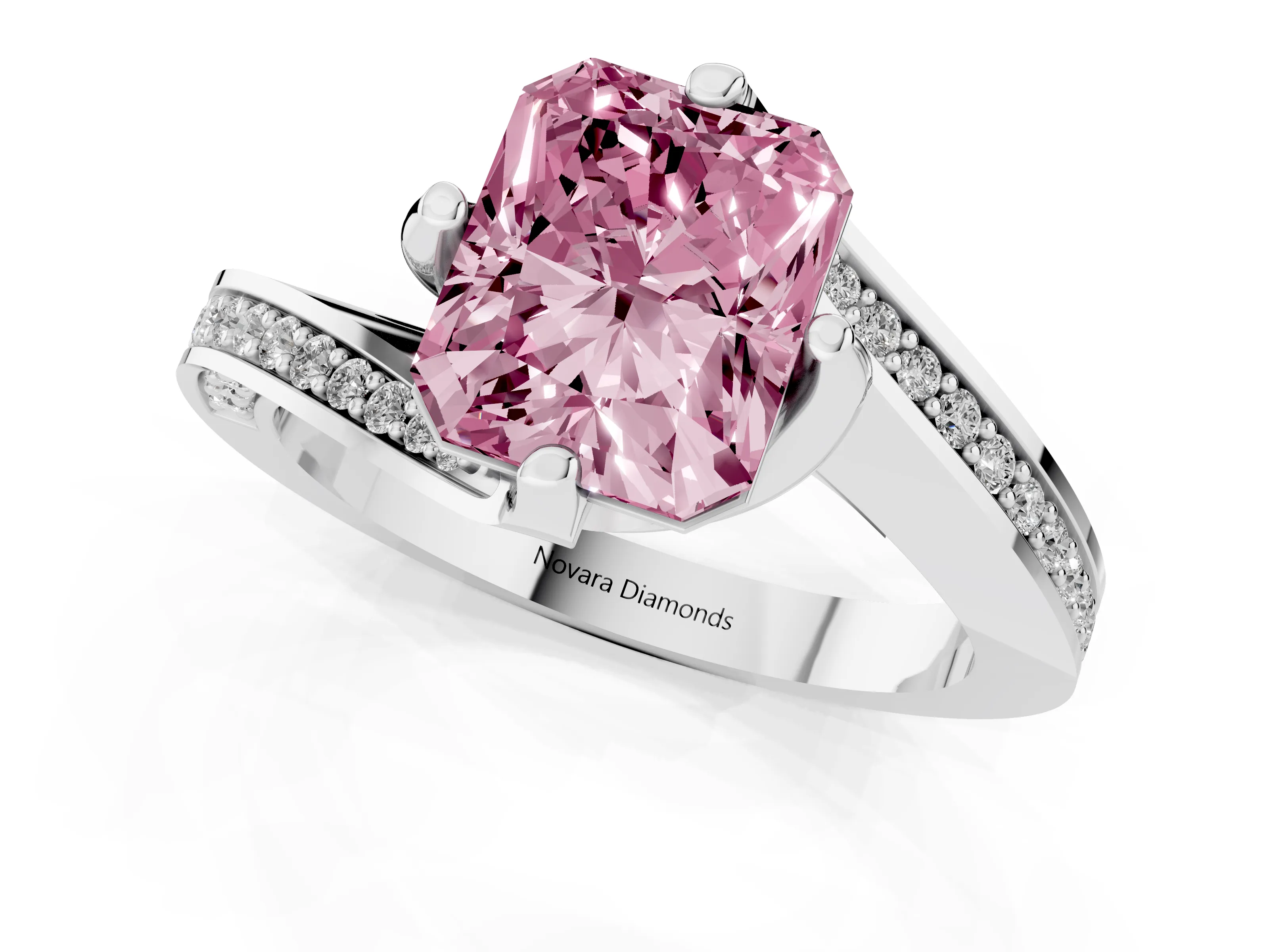 Fancy Pink Radiant Cut Diamond Solitaire Ring Set in White gold with Intertwined Pavé Twist Band