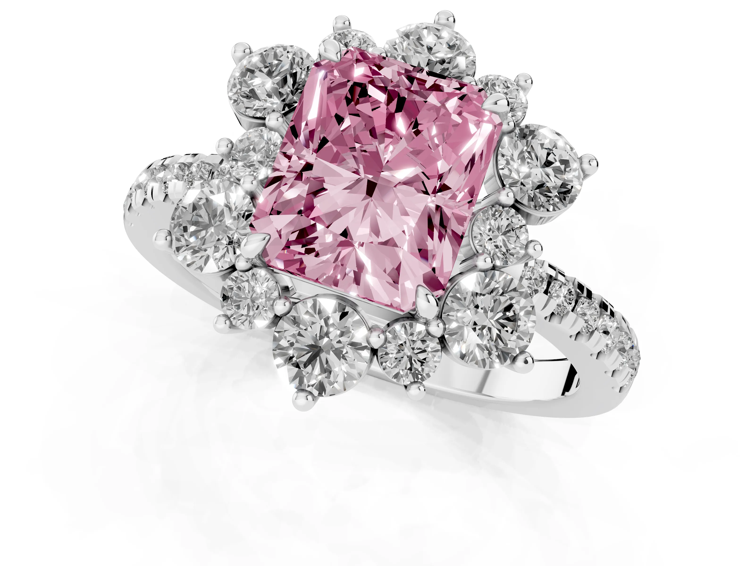 Fancy Pink Radiant Cut Diamond Floral Halo Ring Set in Silver with Round Pavé Band and Prong Setting