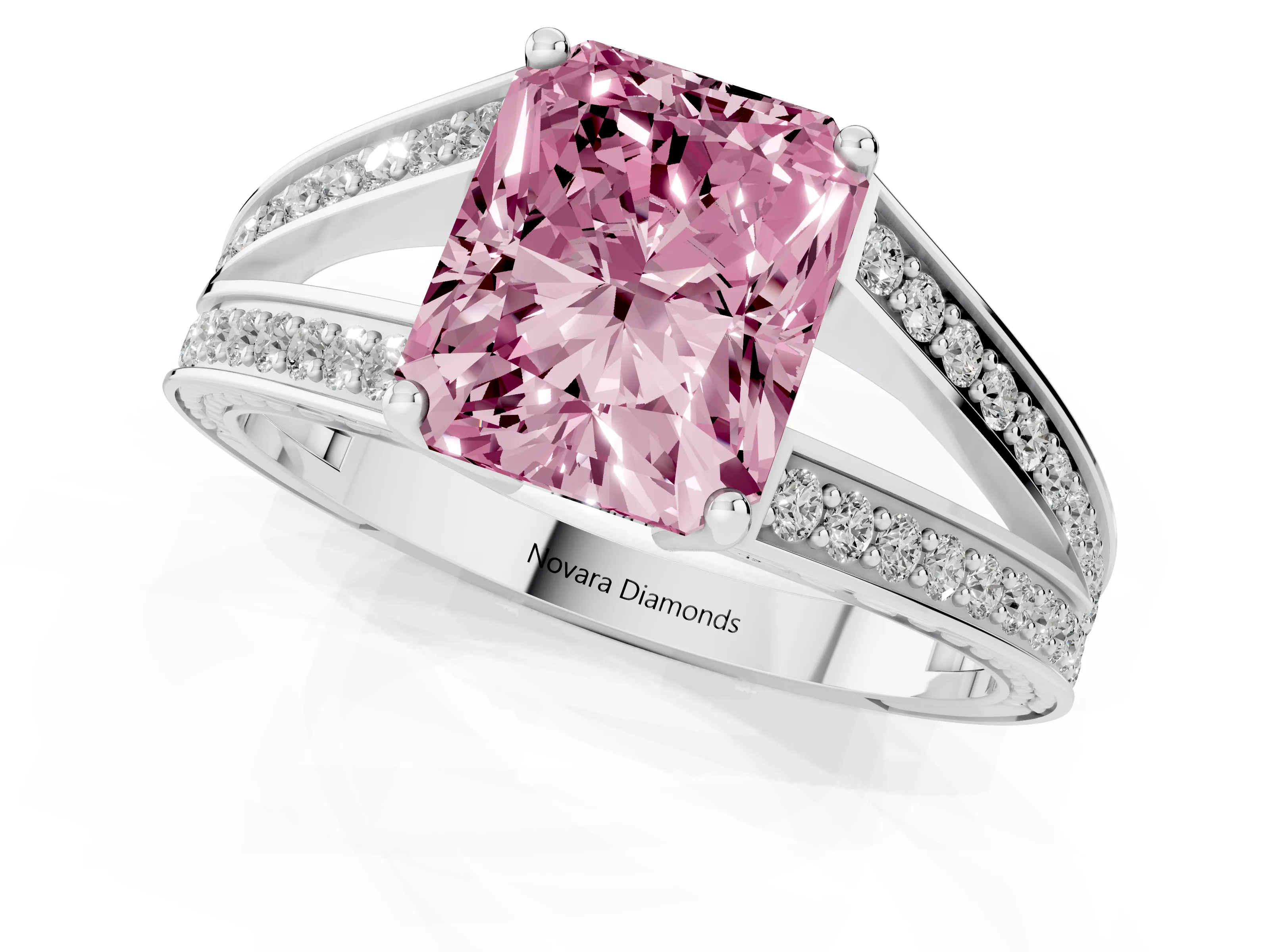 Fancy Pink Radiant Cut Diamond Split Shank Ring Set in Platinum with Pavé Band and Prong Setting