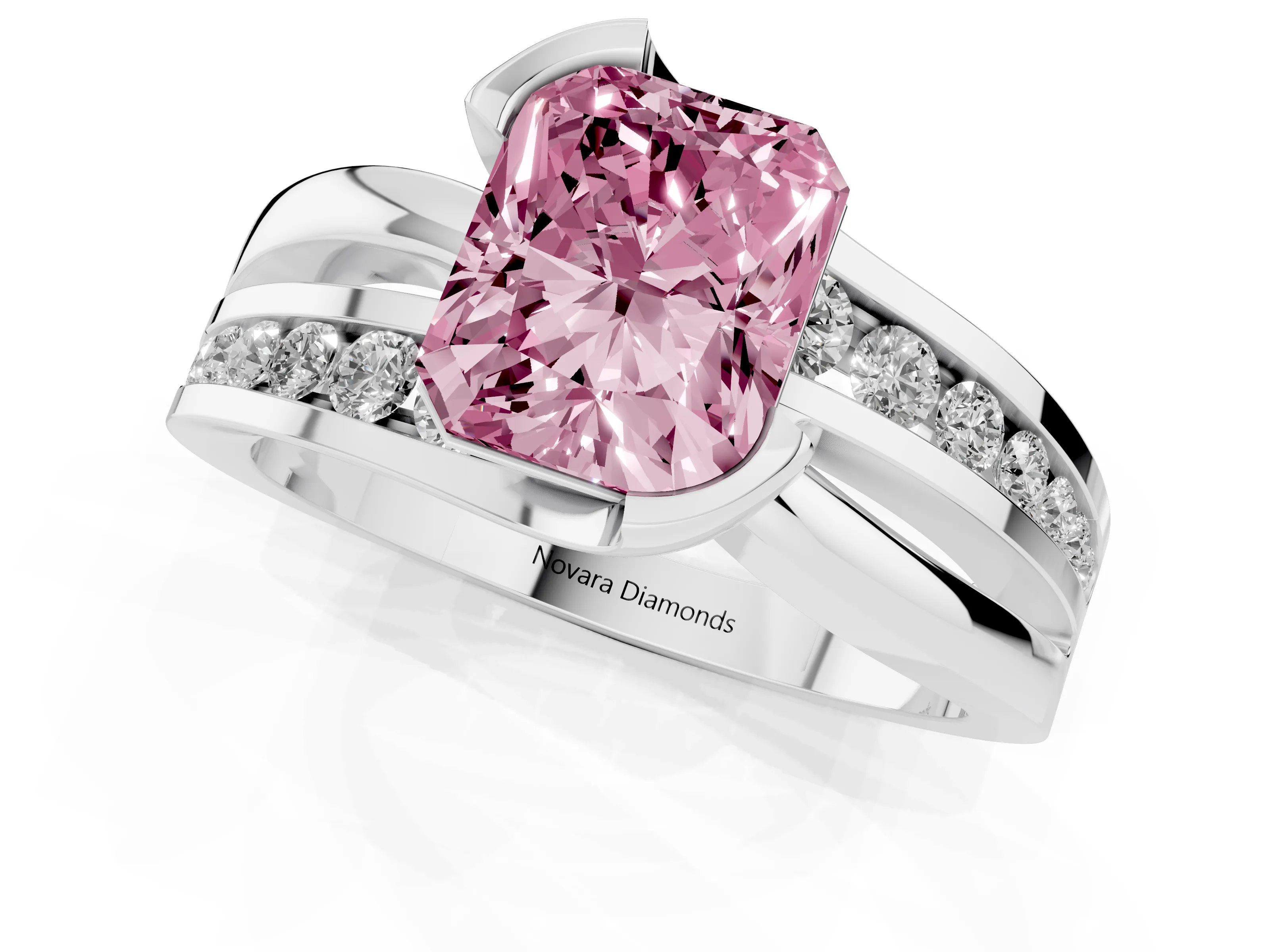 Fancy Pink Radiant Cut Diamond Solitaire Ring Set in Platinum with Channel Set Split Shank and Tension Prongs
