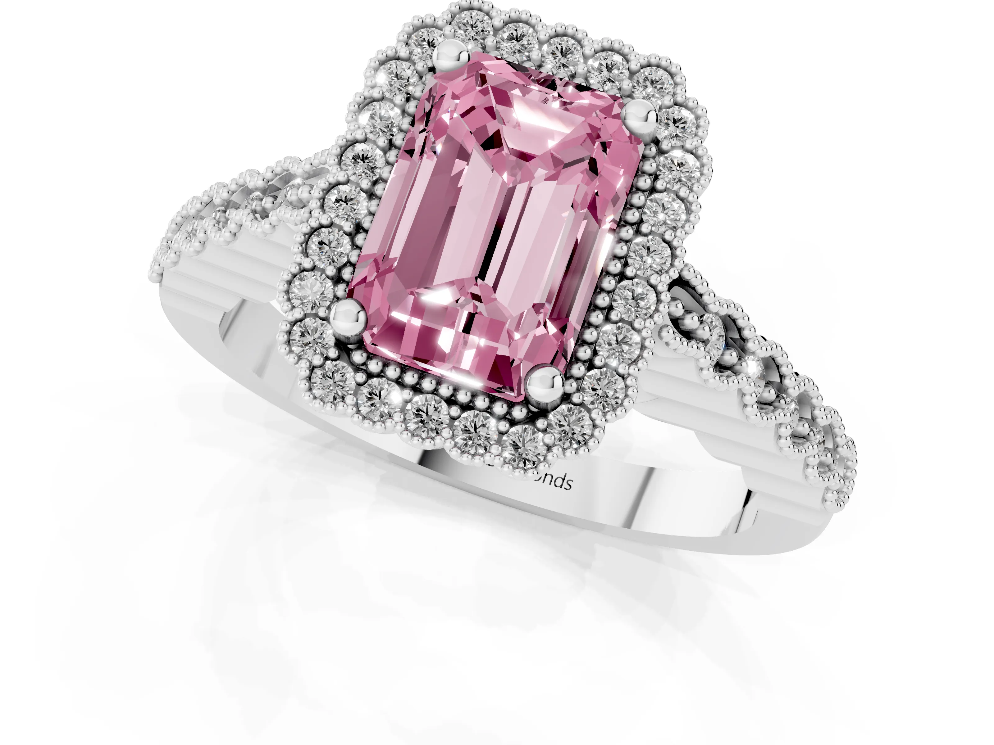 Fancy Pink Radiant Cut Diamond Halo Ring Set in Silver with Pavé Milgrain Band