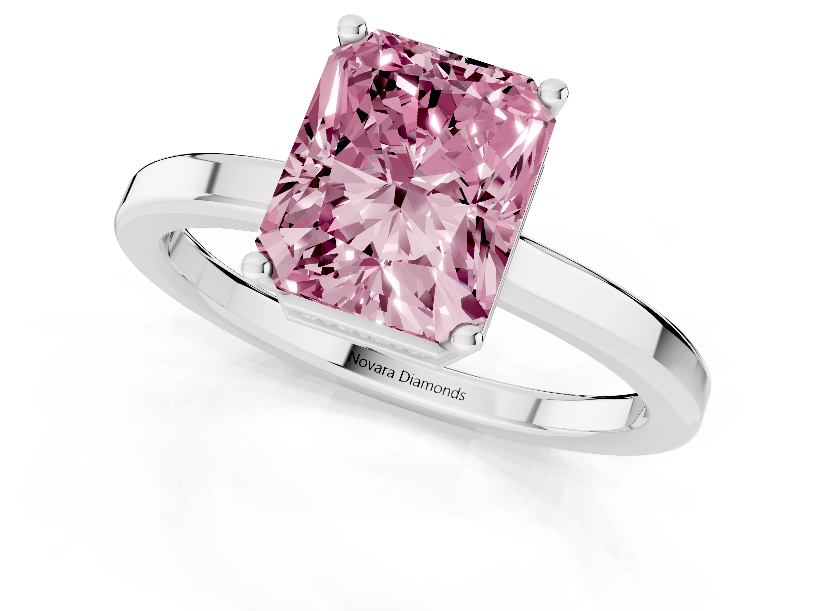 Fancy Pink Radiant Cut Diamond Solitaire Engagement Ring Set in Platinum with Prong Setting on a Plain Band – second view