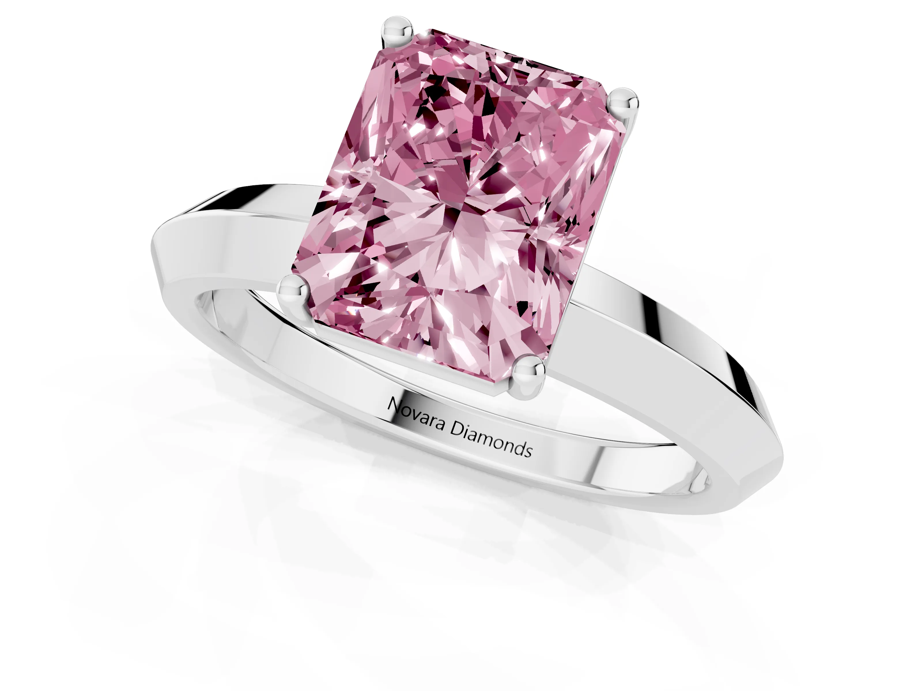 Fancy Pink Radiant Cut Diamond Solitaire Engagement Ring Set in Silver with Flat Band and Prong Setting