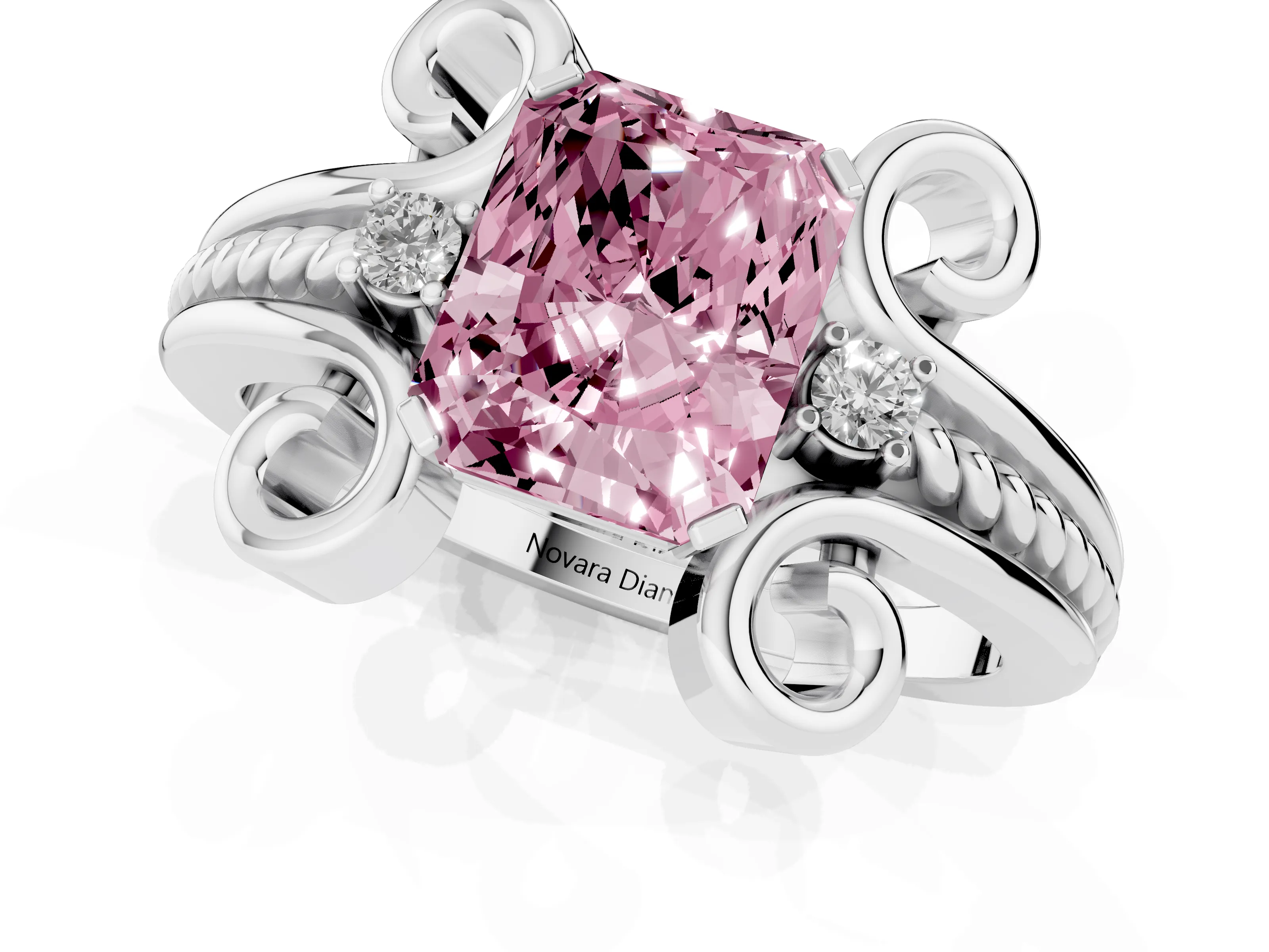 Fancy Pink Radiant Cut Diamond Twisted Band Solitaire Ring Set in Platinum with Scroll Prongs