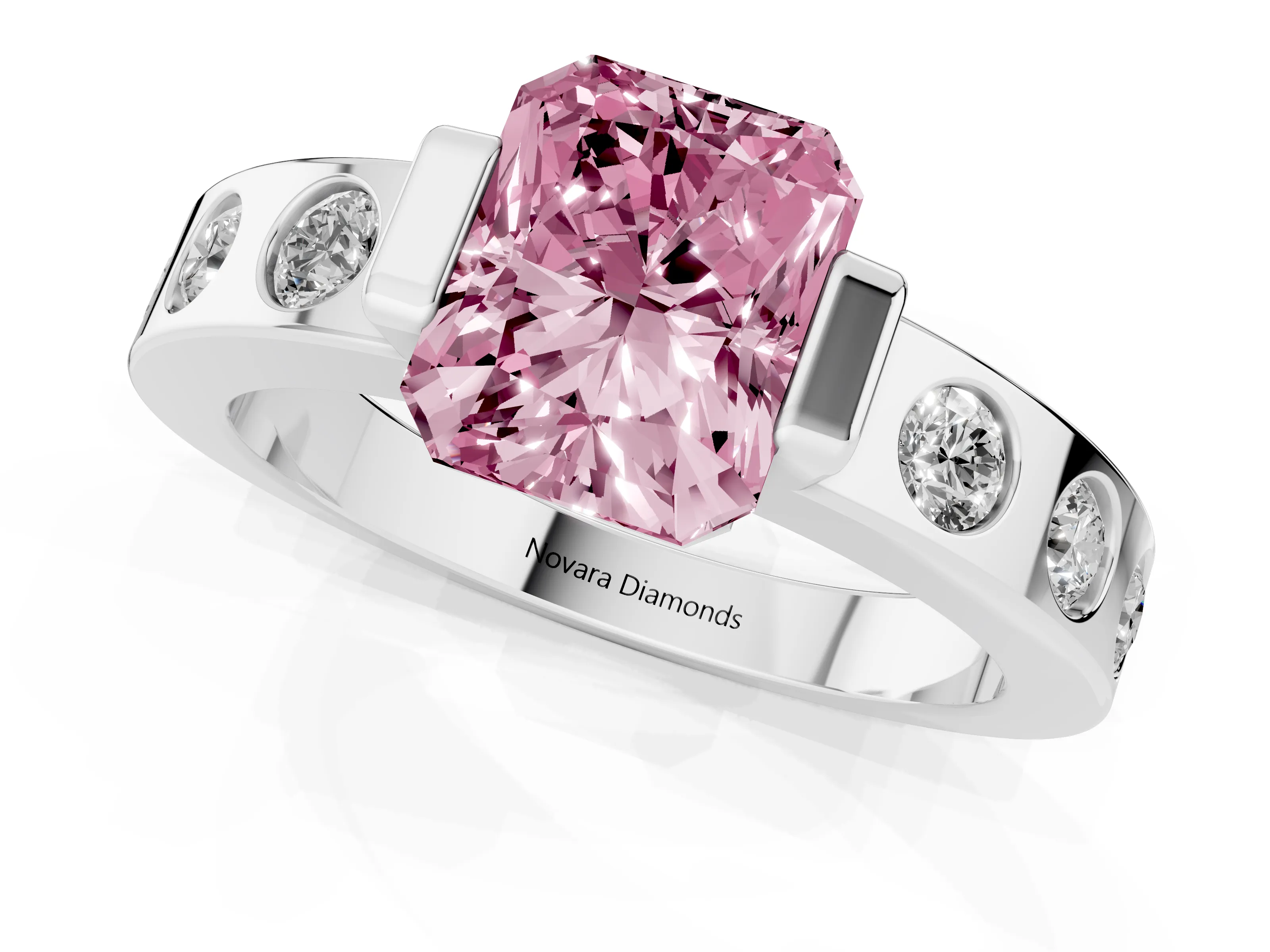 Fancy Pink Radiant Cut Diamond Channel-Set Band Ring Set in Silver with Bezel Prong Setting