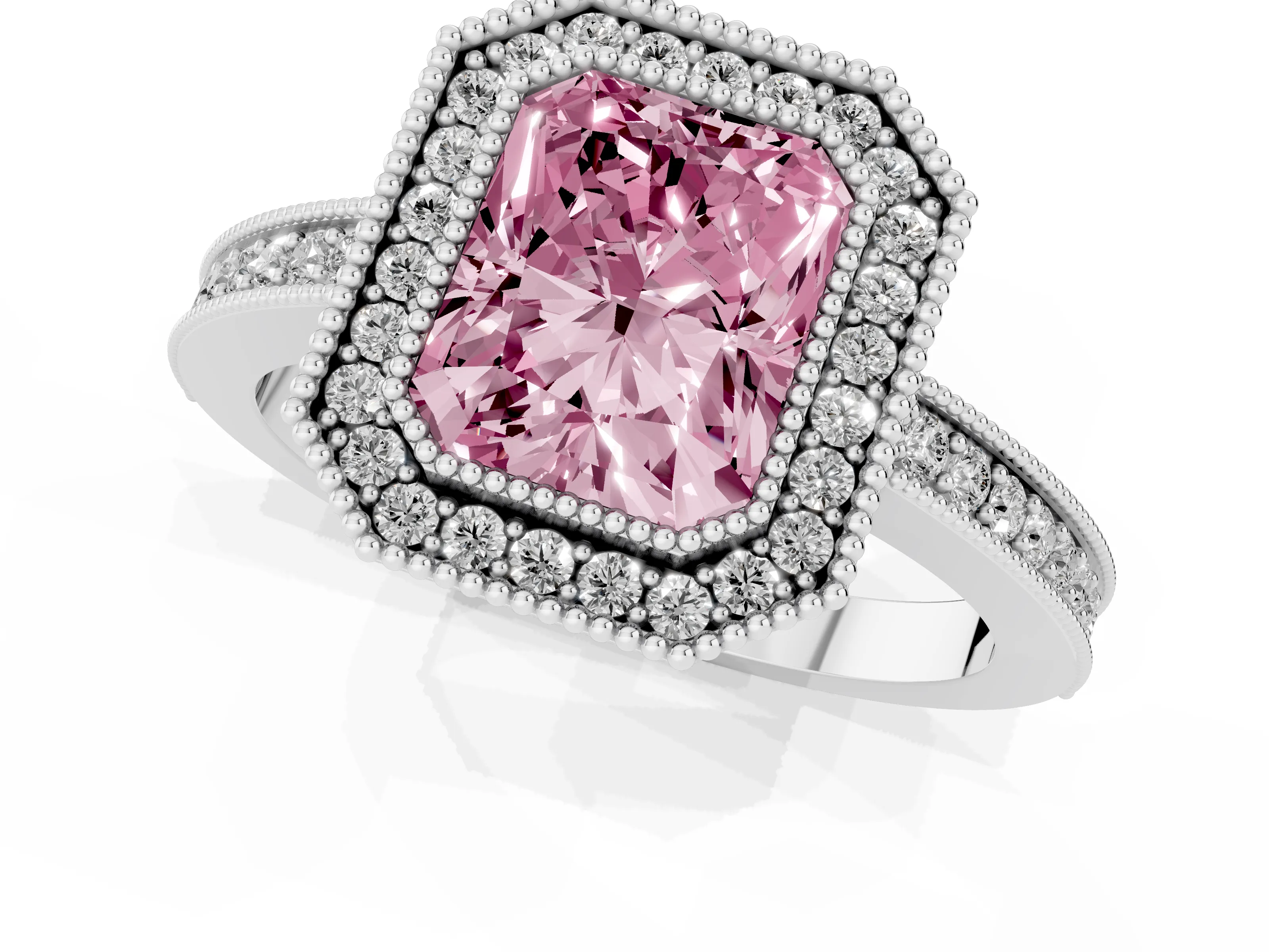 Fancy Pink Radiant Cut Diamond Round Halo Ring Set in White gold with Pavé Band