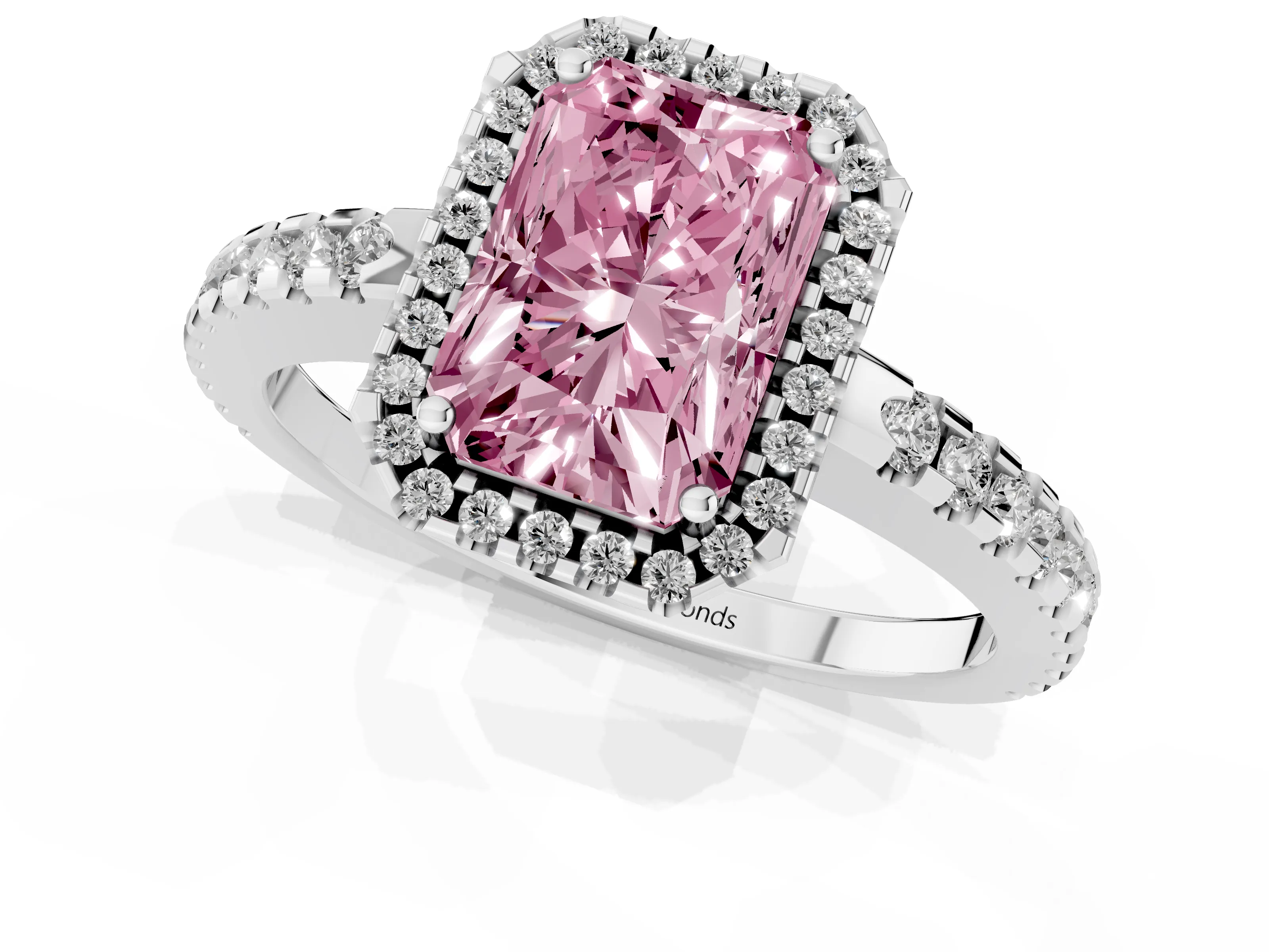 Fancy Pink Radiant Cut Diamond Halo Ring Set in Platinum with Pavé Shoulders and Halo-Framed Center