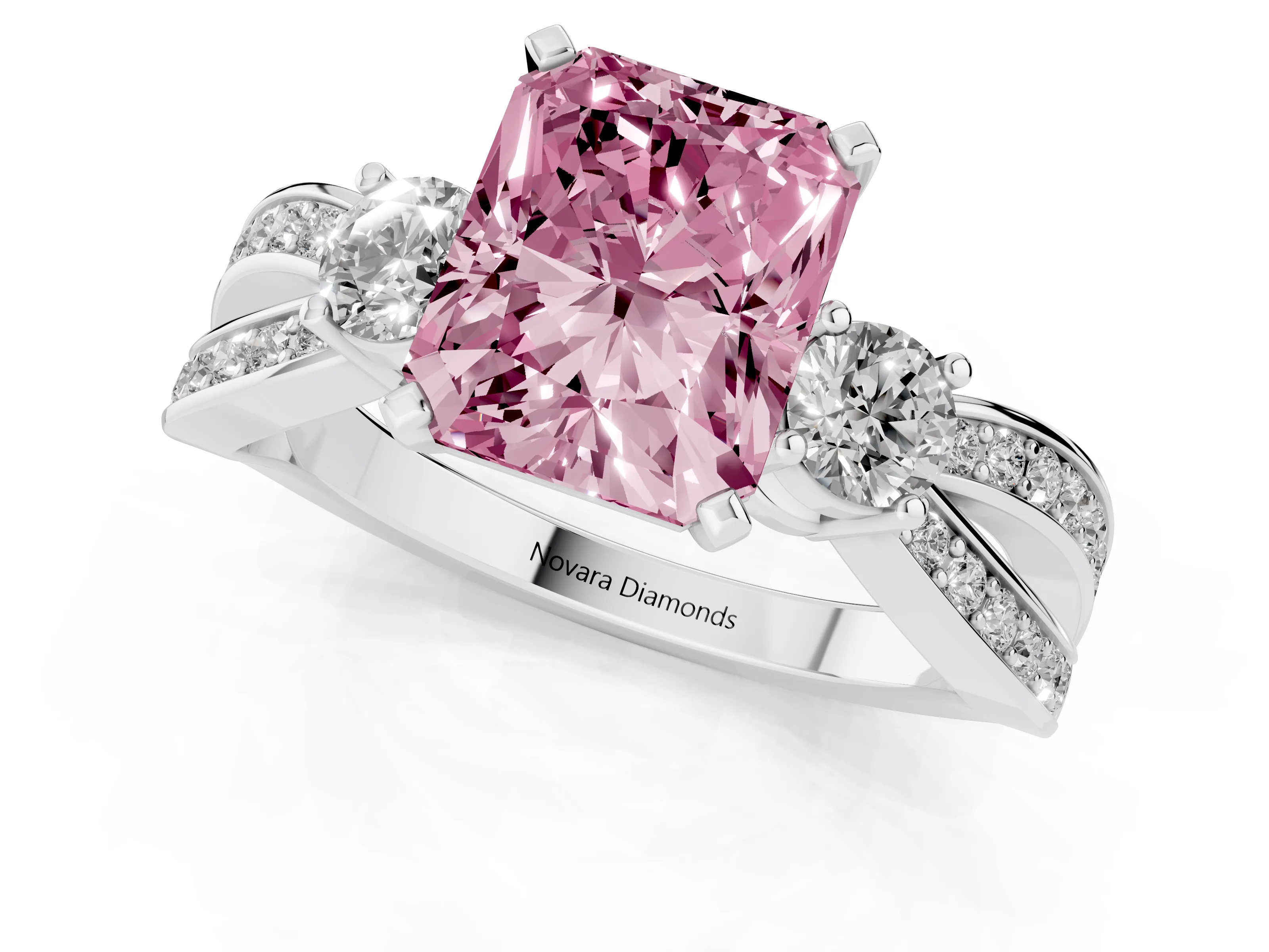 Fancy Pink Three-Stone Radiant Cut Diamond Twist Band Ring Set in Silver with Pavé Accents and Prong Setting