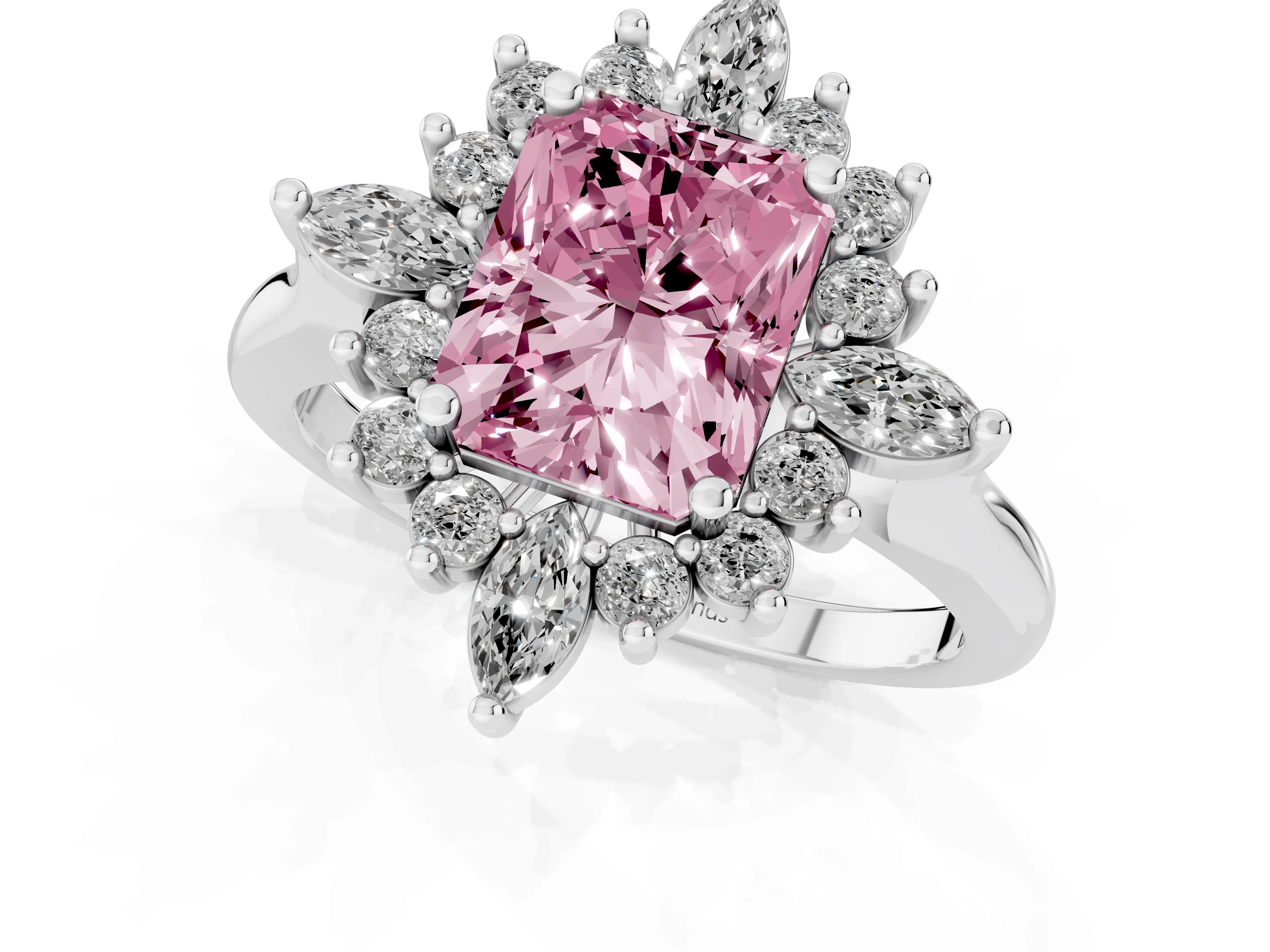 Fancy Pink Radiant Cut Diamond Cluster Halo Ring Set in Platinum with Marquise and Round Accents
