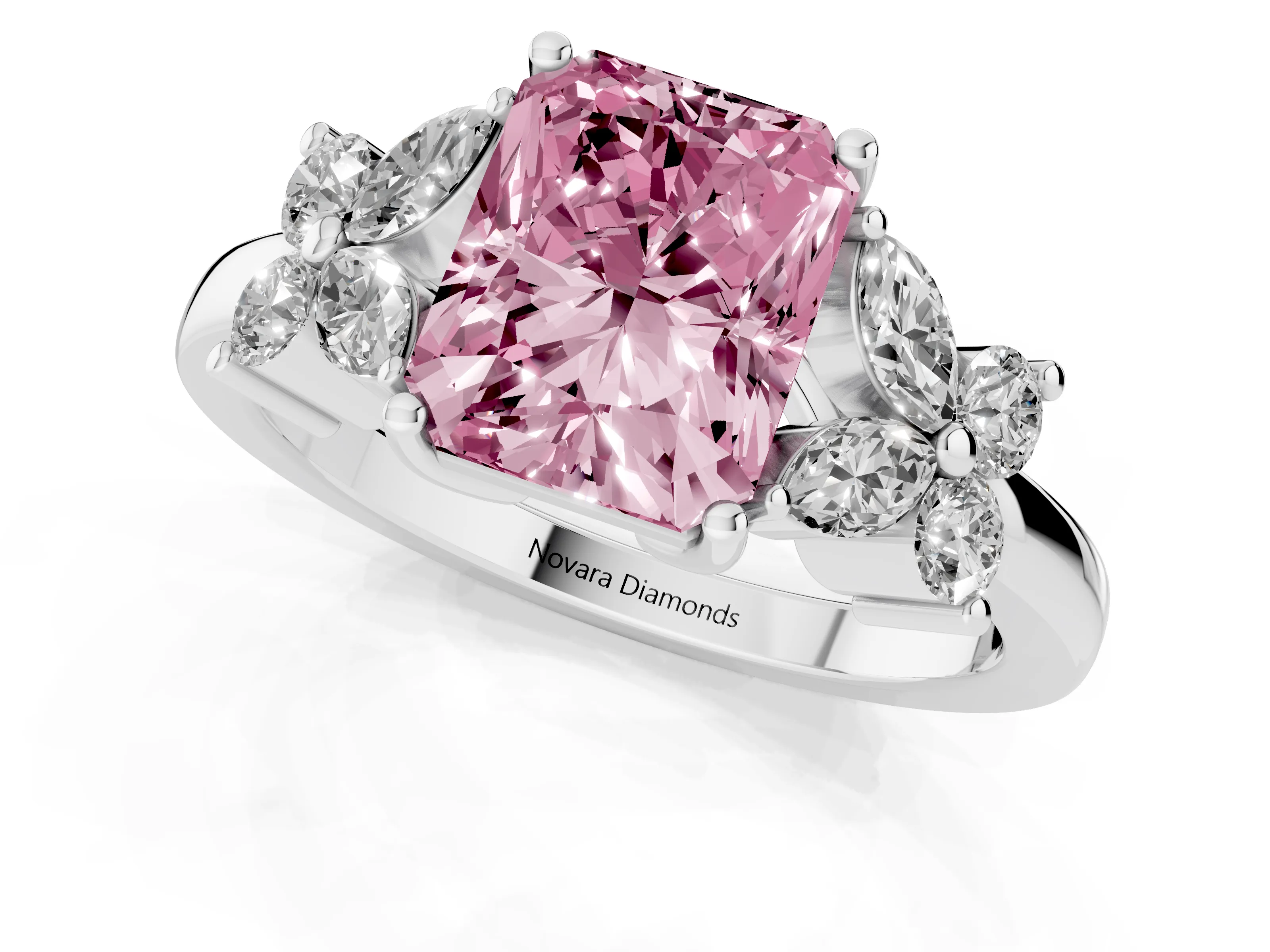 Fancy Pink Radiant Cut Diamond Floral Cluster Ring Set in Platinum with Marquise Petals and Prong Setting
