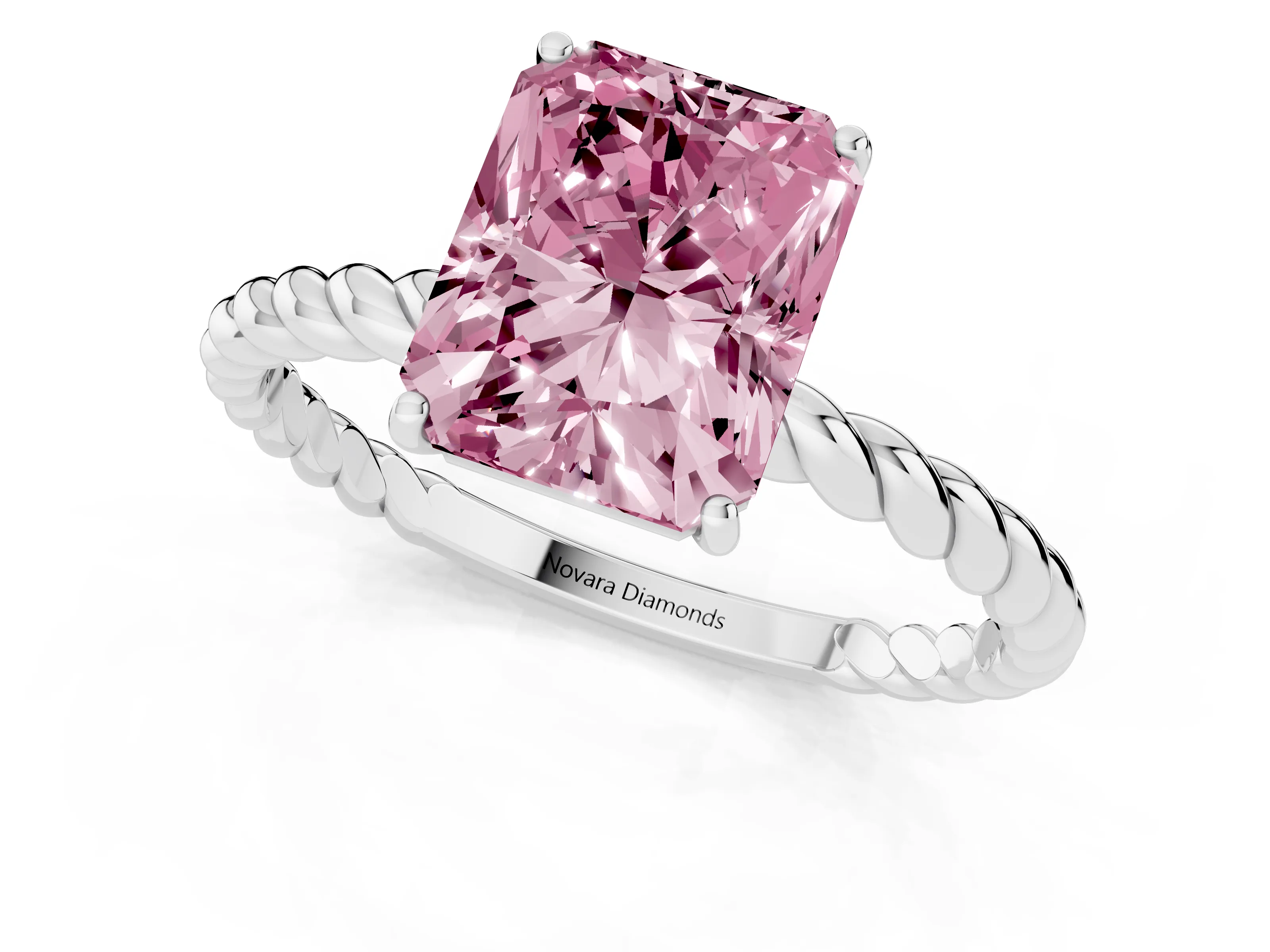 Fancy Pink Radiant Cut Diamond Solitaire Ring Set in White gold with Twist Band and Prong Setting