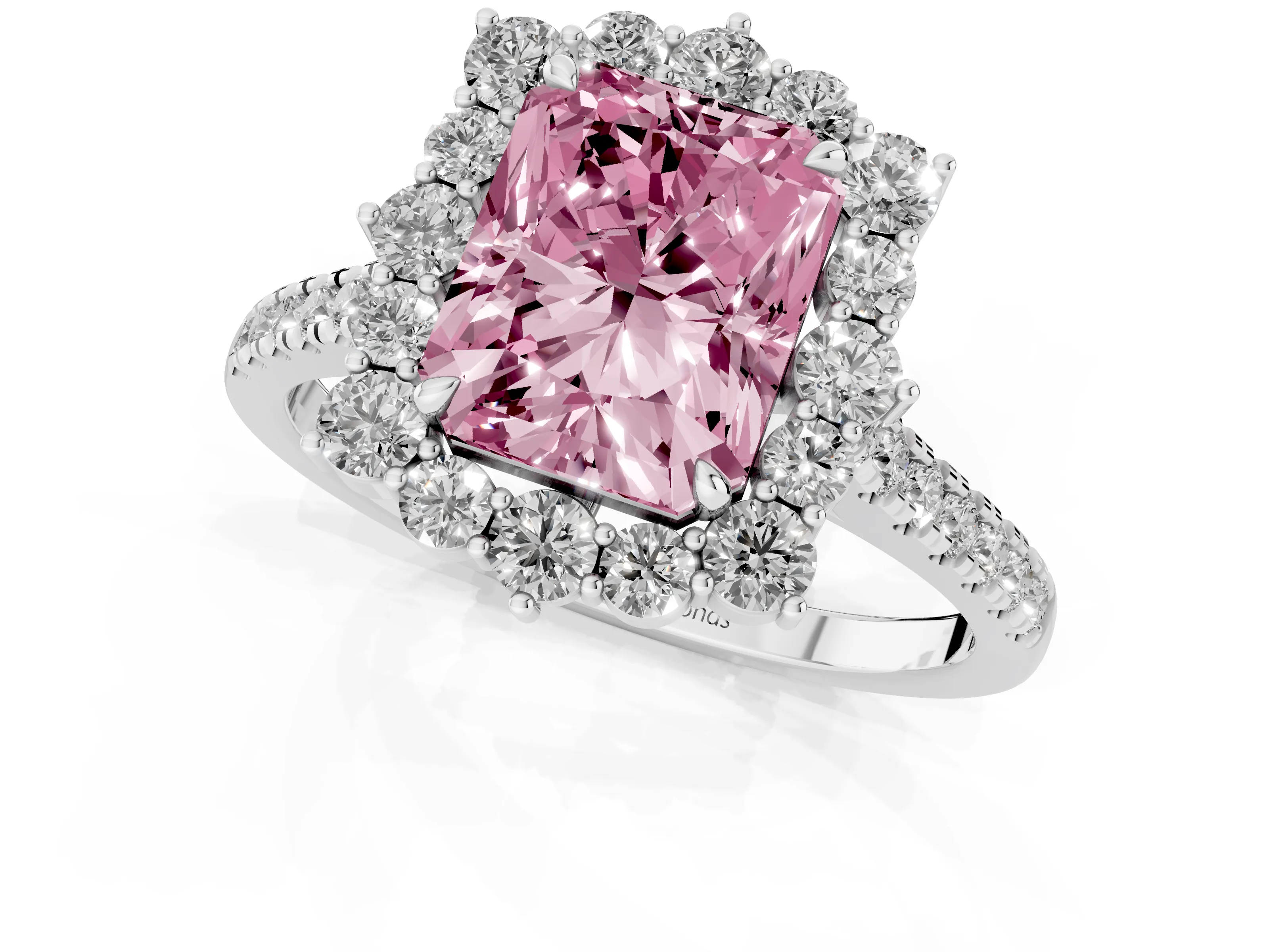 Fancy Pink Radiant Cut Diamond Halo Ring Set in White gold with Pavé Band and Prong Setting