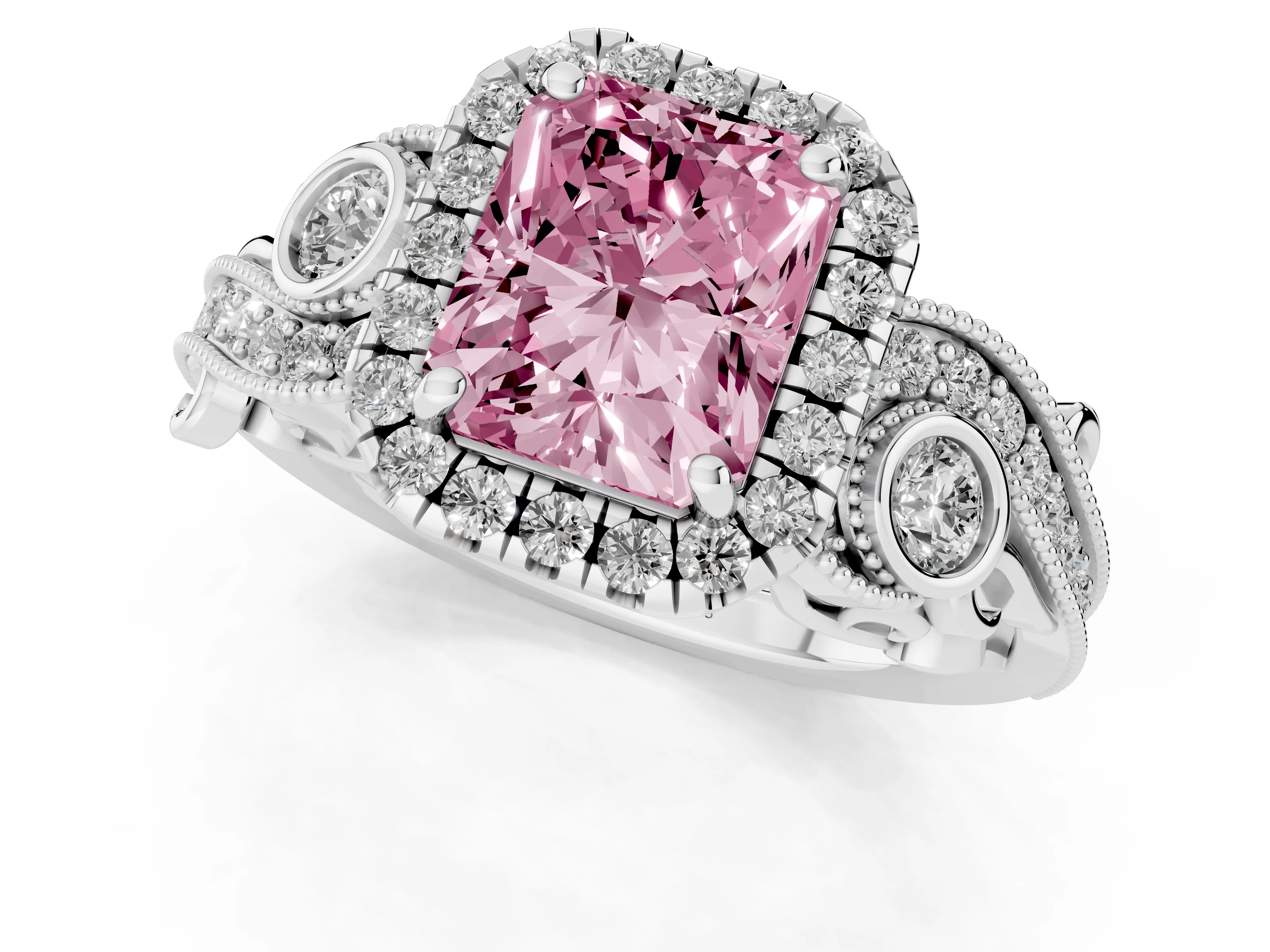 Fancy Pink Radiant Cut Diamond Halo Ring Set in Platinum with Milgrain Pavé Band and Prong Setting