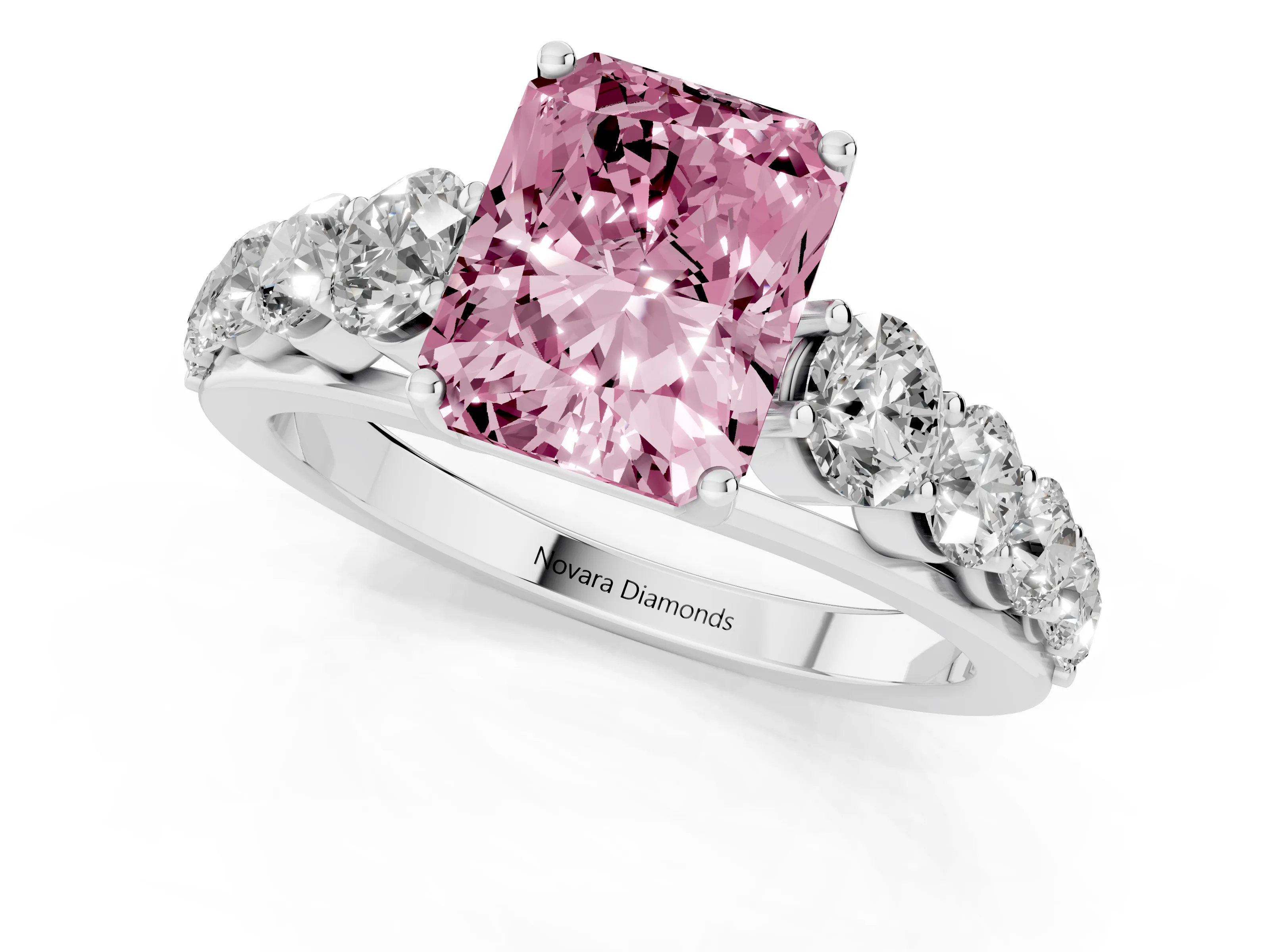 Fancy Pink Radiant Cut Diamond Solitaire Ring Set in White gold with Pavé-Set Band and Prong Setting