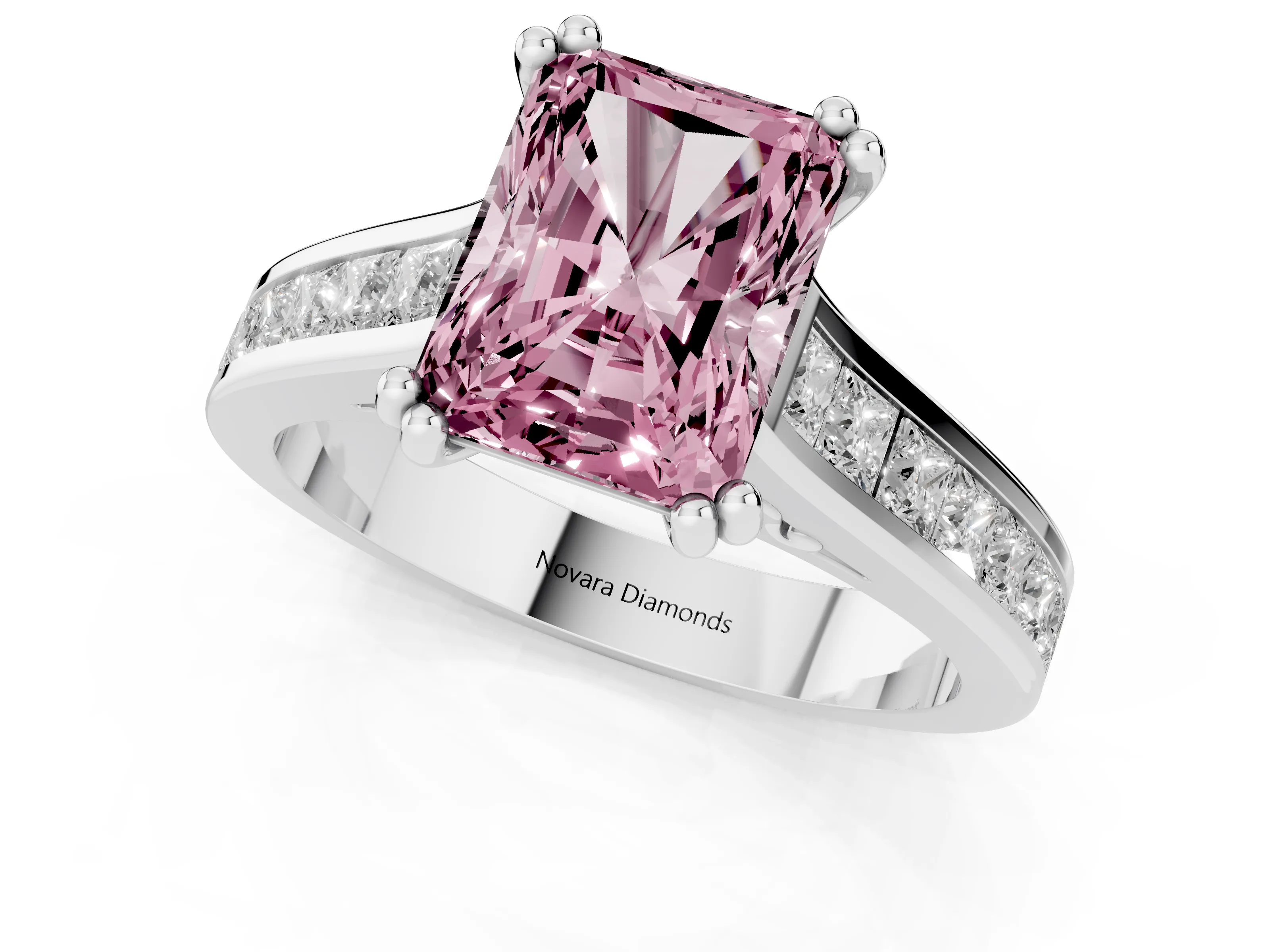 Fancy Pink Radiant Cut Diamond Channel Set Solitaire Engagement Ring Set in Platinum with Prong Setting