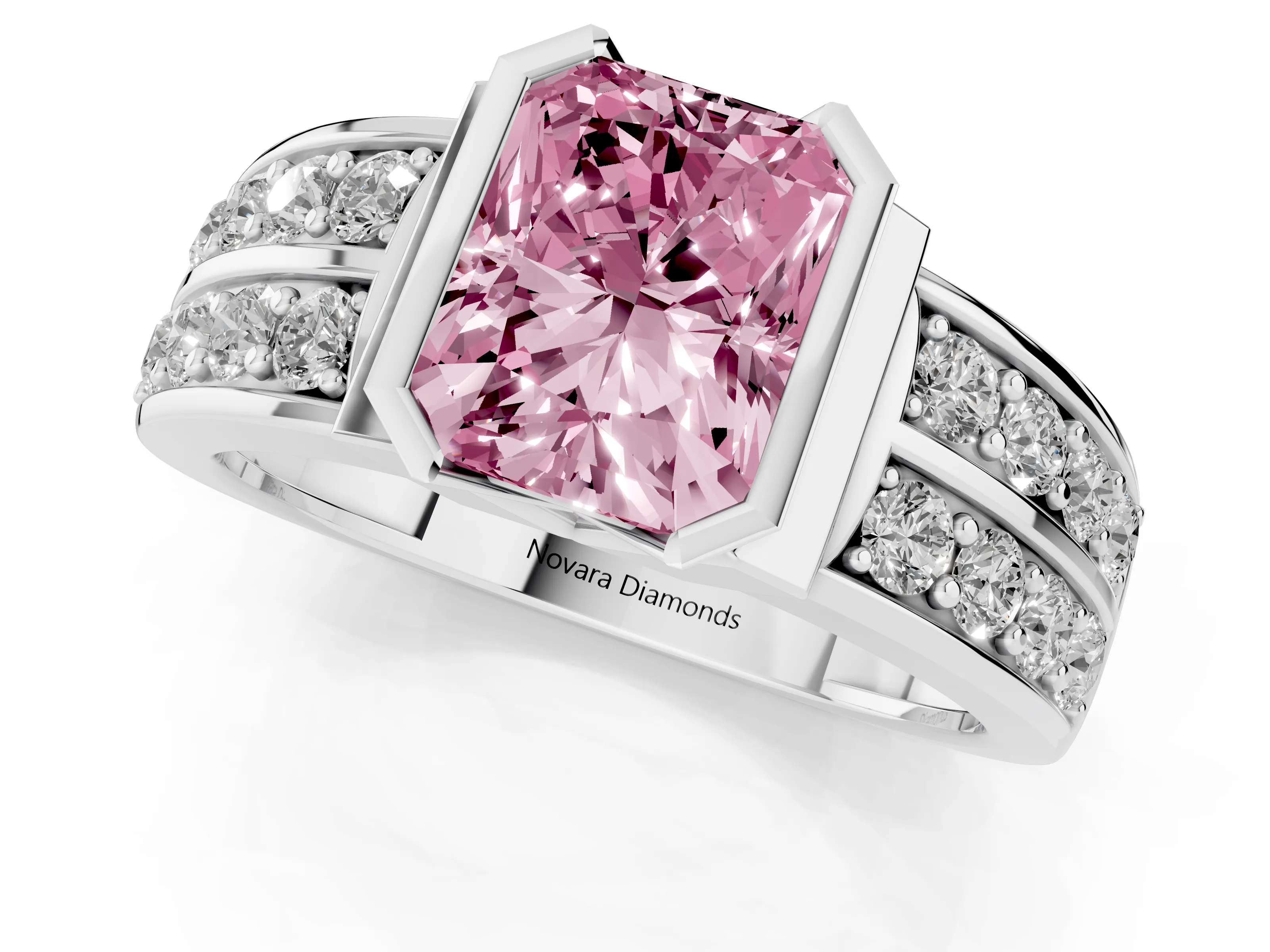 Fancy Pink Radiant Cut Diamond Wide Channel Set Band Ring Set in White gold with Bezel Setting