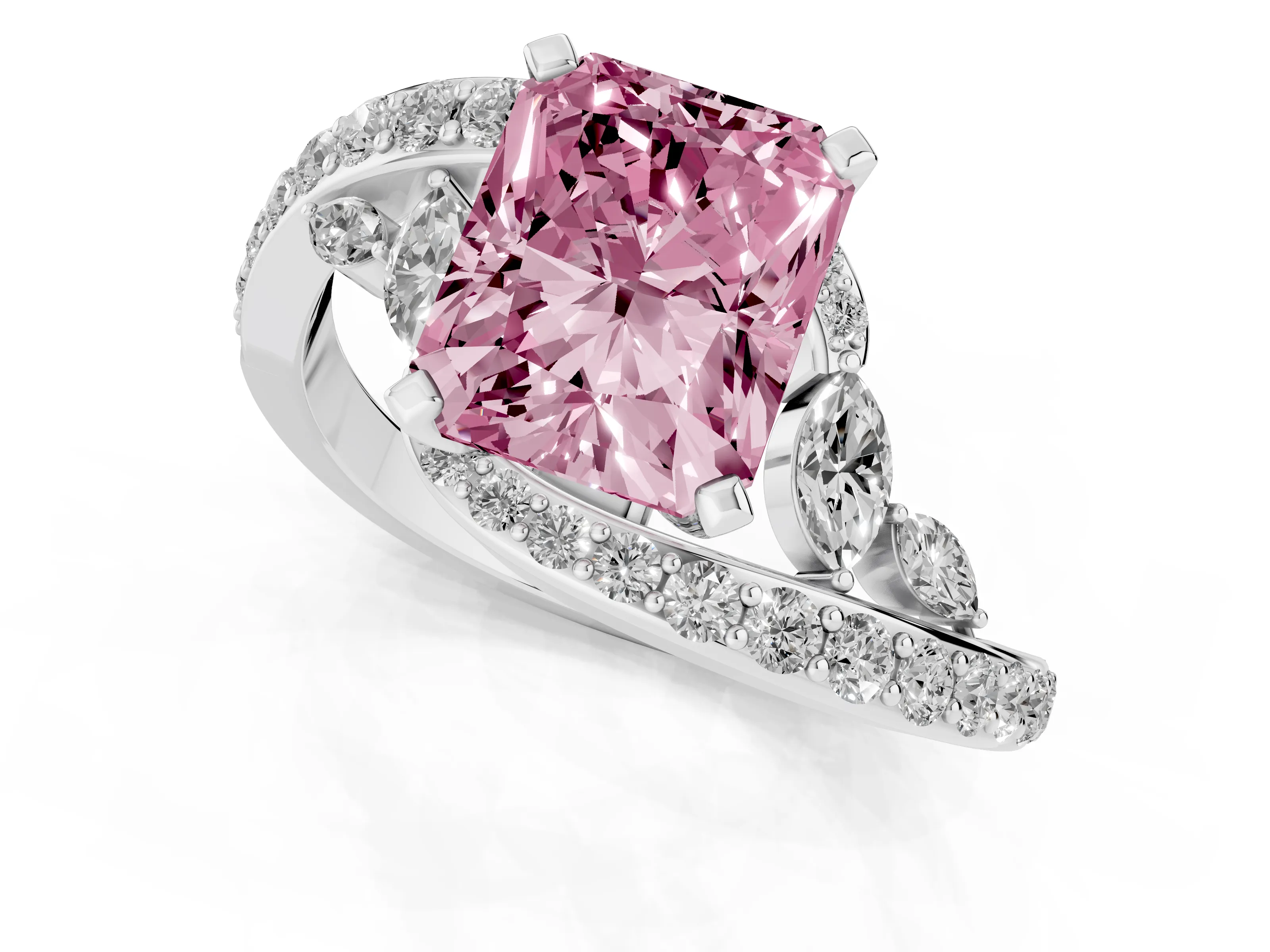 Fancy Pink Radiant Cut Diamond Solitaire Ring Set in White gold with Pavé Twist Band and Secure Prong Setting