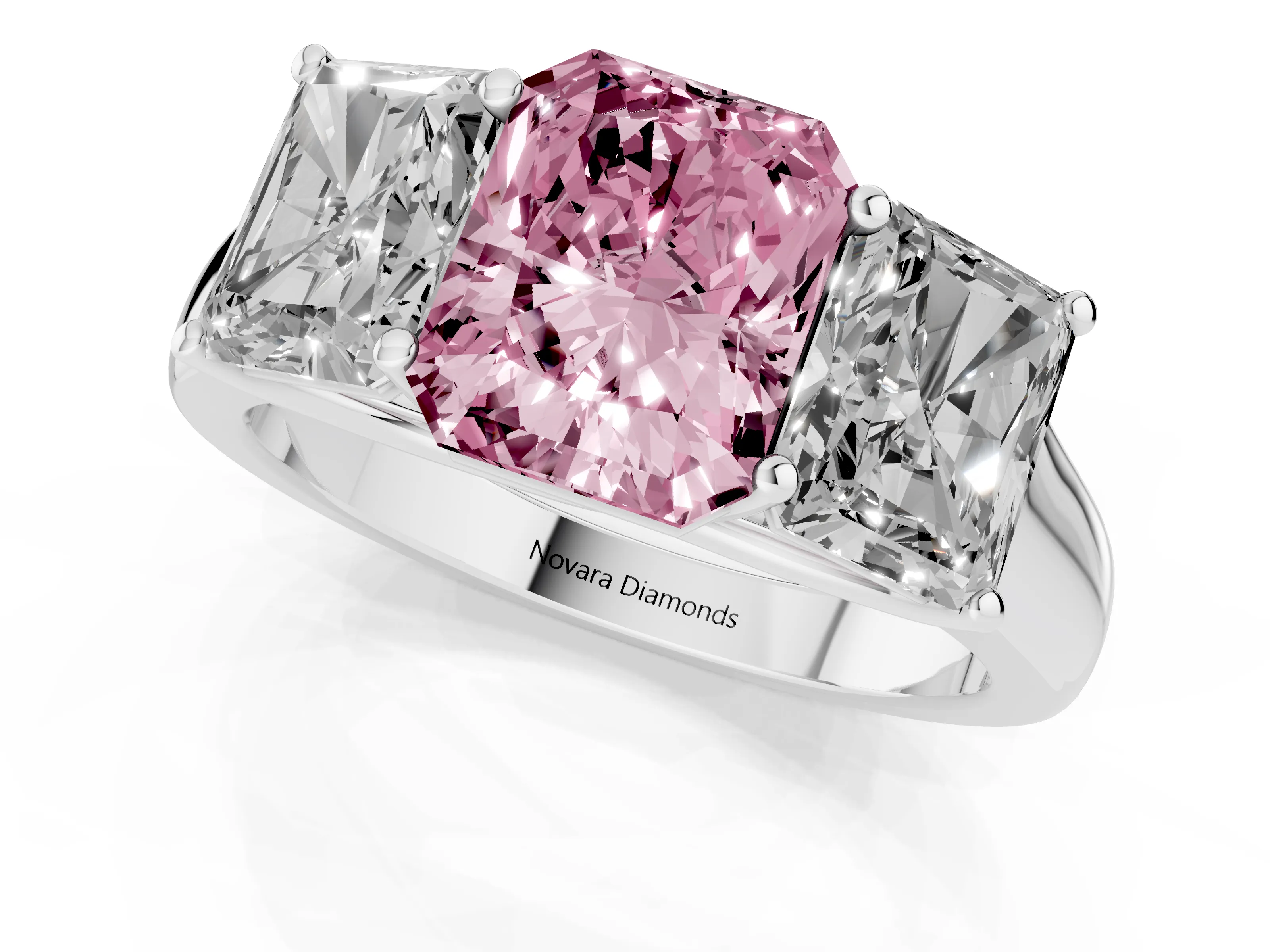Fancy Pink Radiant Cut Diamond Three-Stone Ring Set in White gold with Plain Polished Band