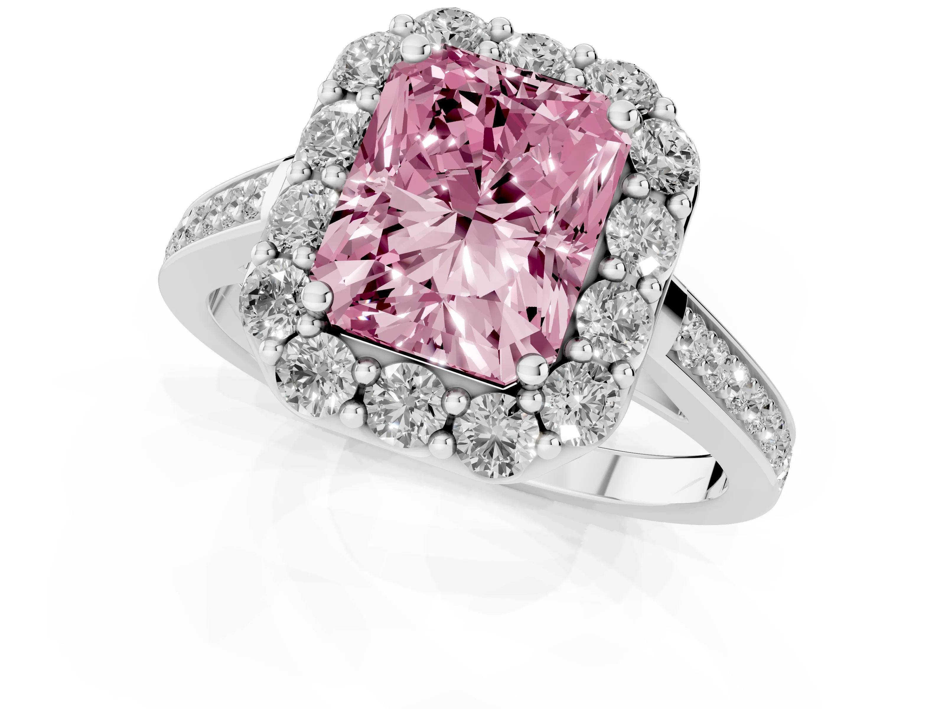 Fancy Pink Radiant Cut Diamond Floral Halo Ring Set in Platinum with Pavé Band and Prong Setting