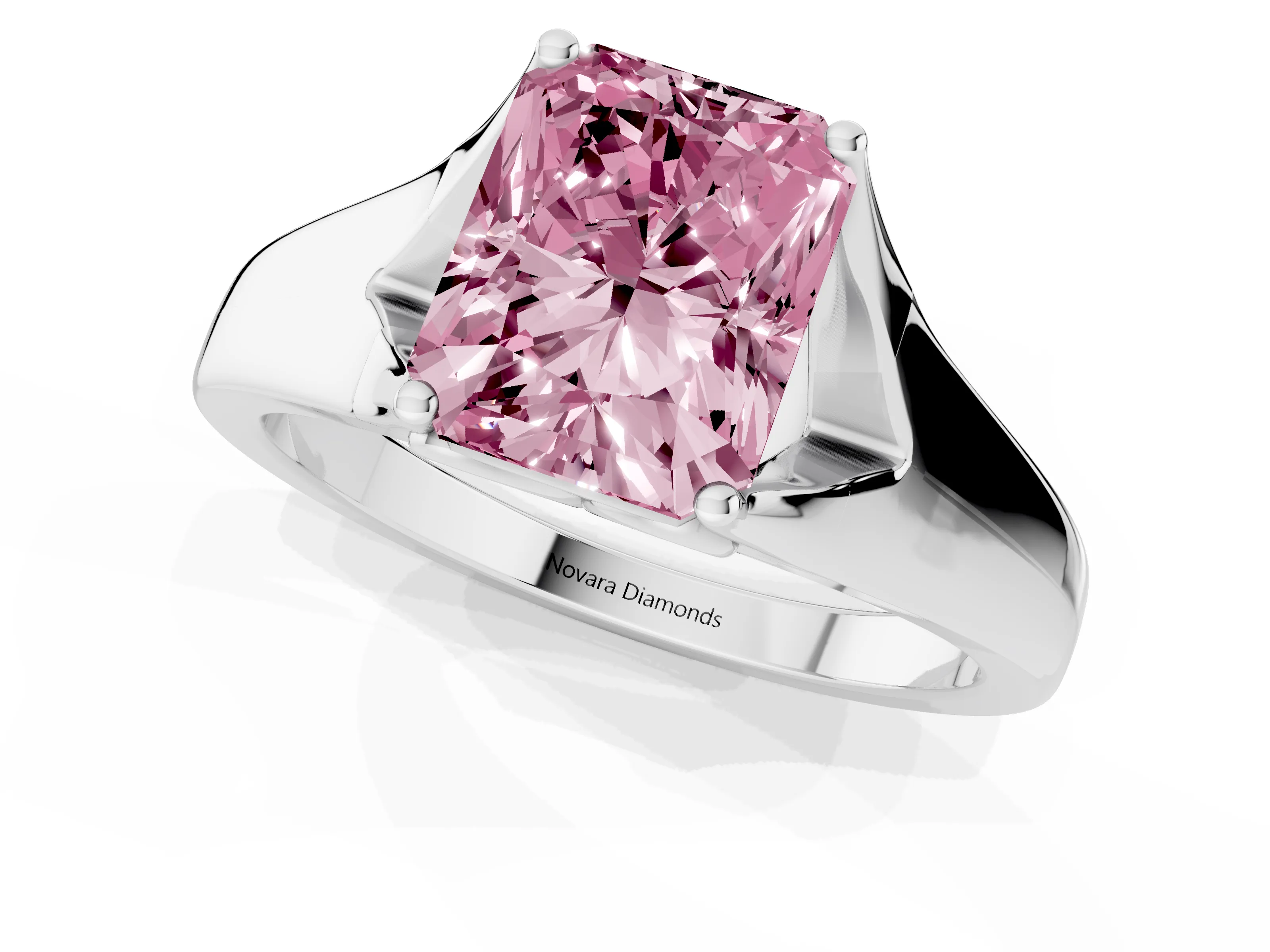 Fancy Pink Radiant Cut Diamond Solitaire Ring Set in White gold with Arched Cathedral Band and Prong Setting