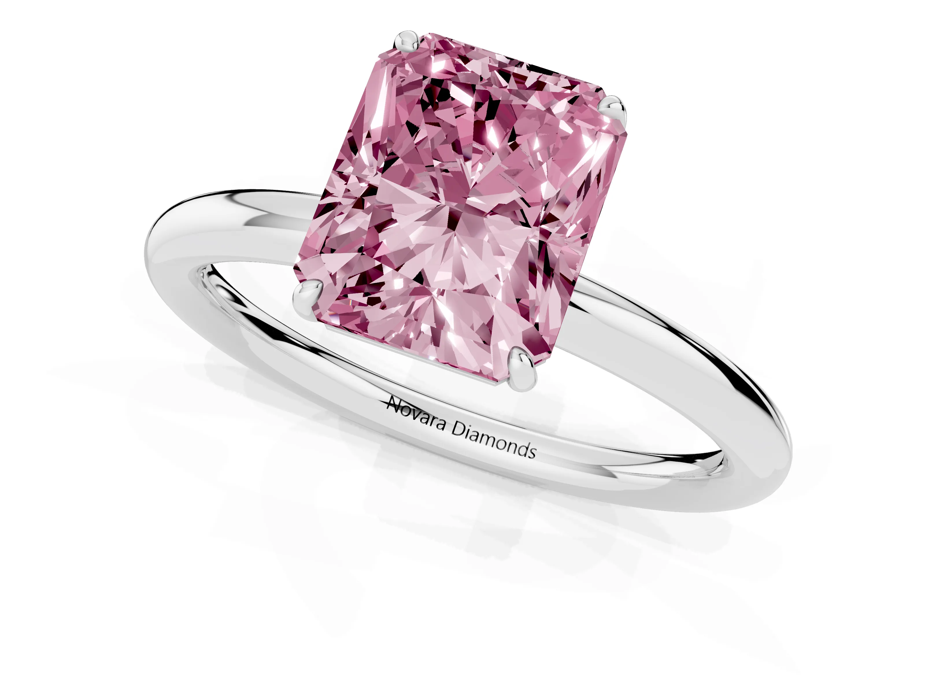 Fancy Pink Radiant Cut Diamond Solitaire Ring Set in White gold with Prong Setting on a Polished Plain Band