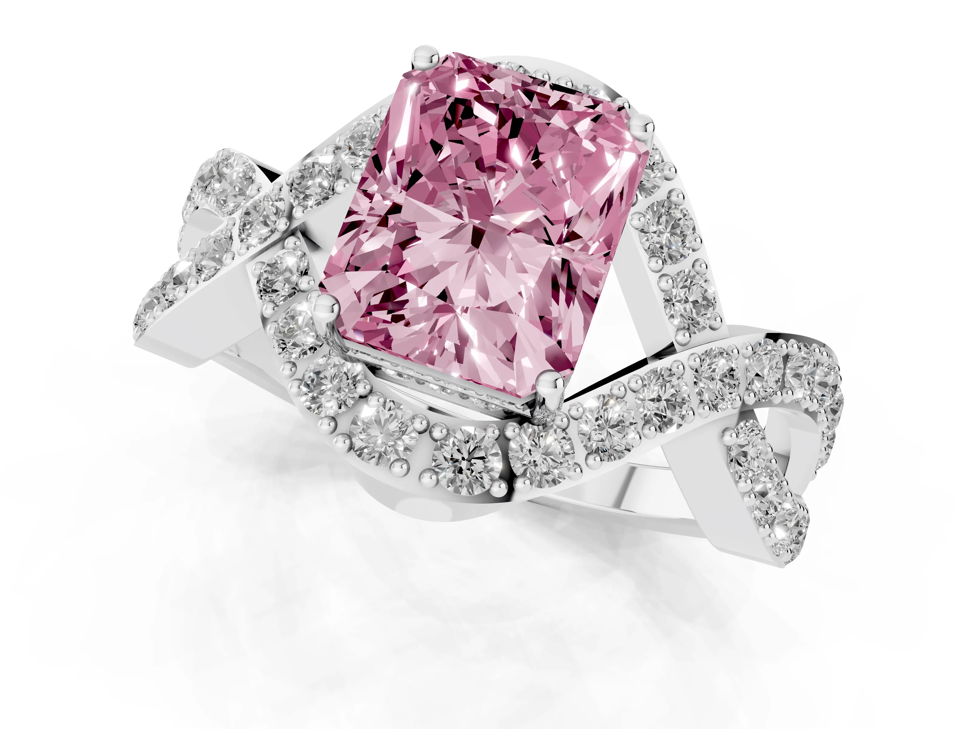 Fancy Pink Radiant Cut Diamond Solitaire Twist Band Pavé Engagement Ring Set in White gold