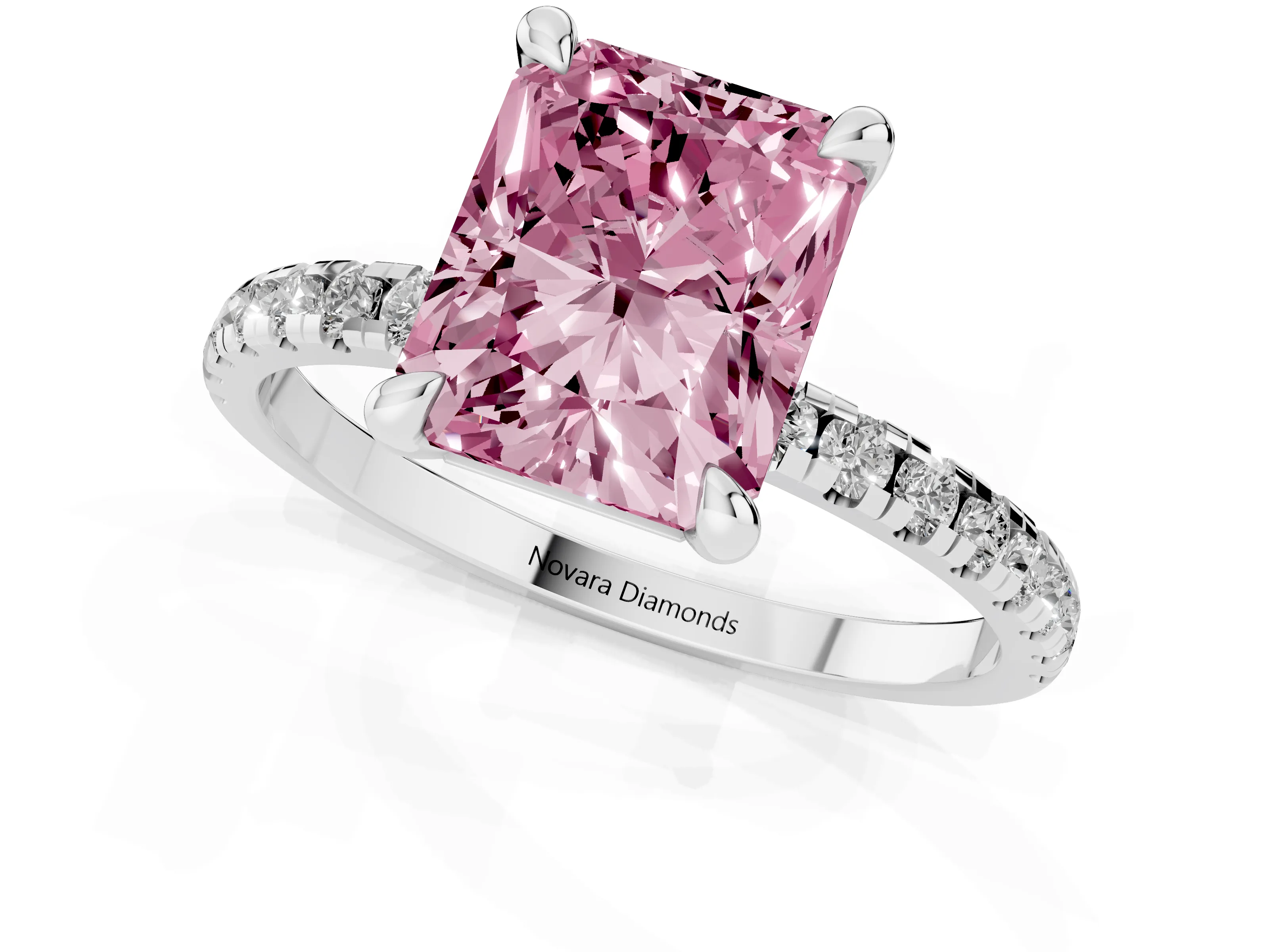 Fancy Pink Radiant Cut Diamond Brilliant Solitaire Ring Set in Platinum with Pavé Band and Prong Setting