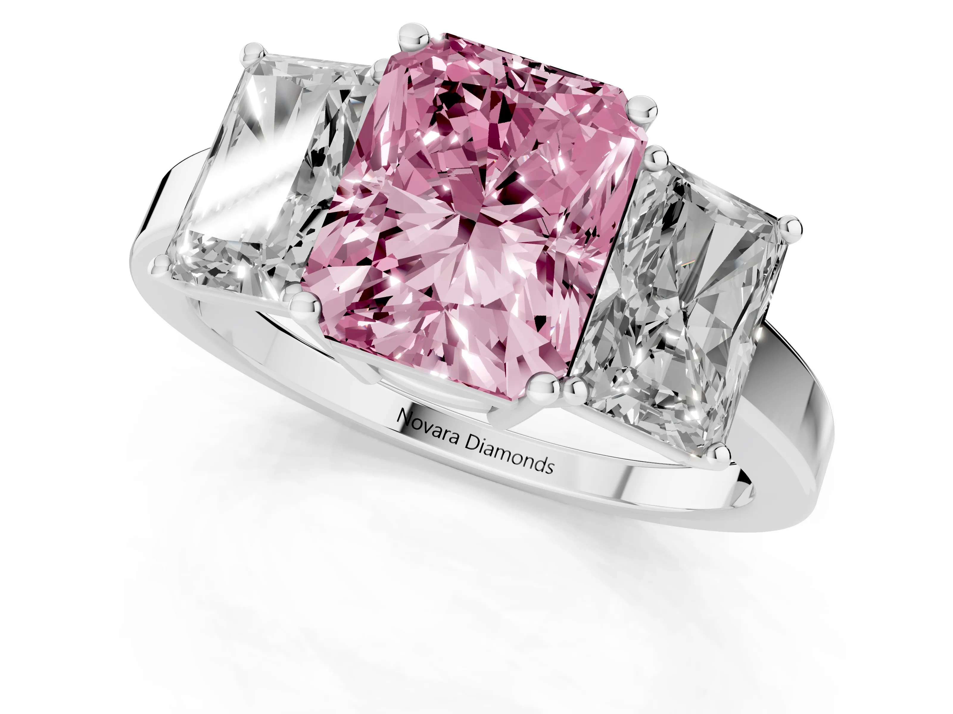 Fancy Pink Radiant Cut Diamond Three-Stone Engagement Ring Set in Platinum with Flat Band