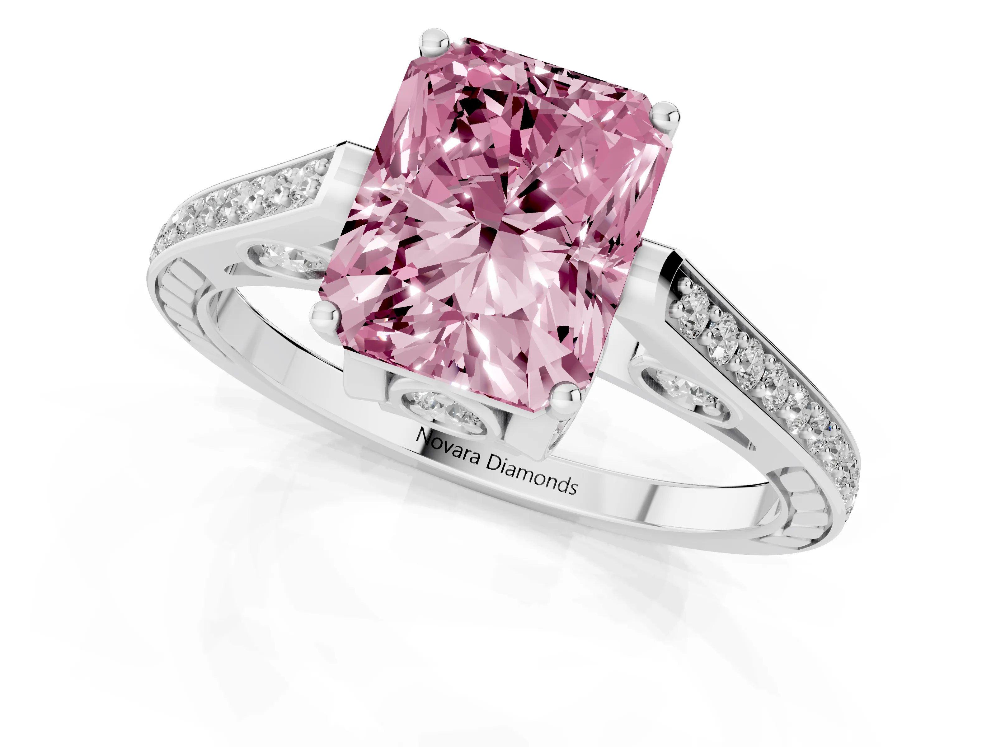 Fancy Pink Radiant Cut Diamond Cathedral Pavé Engagement Ring Set in White gold with Prong Setting