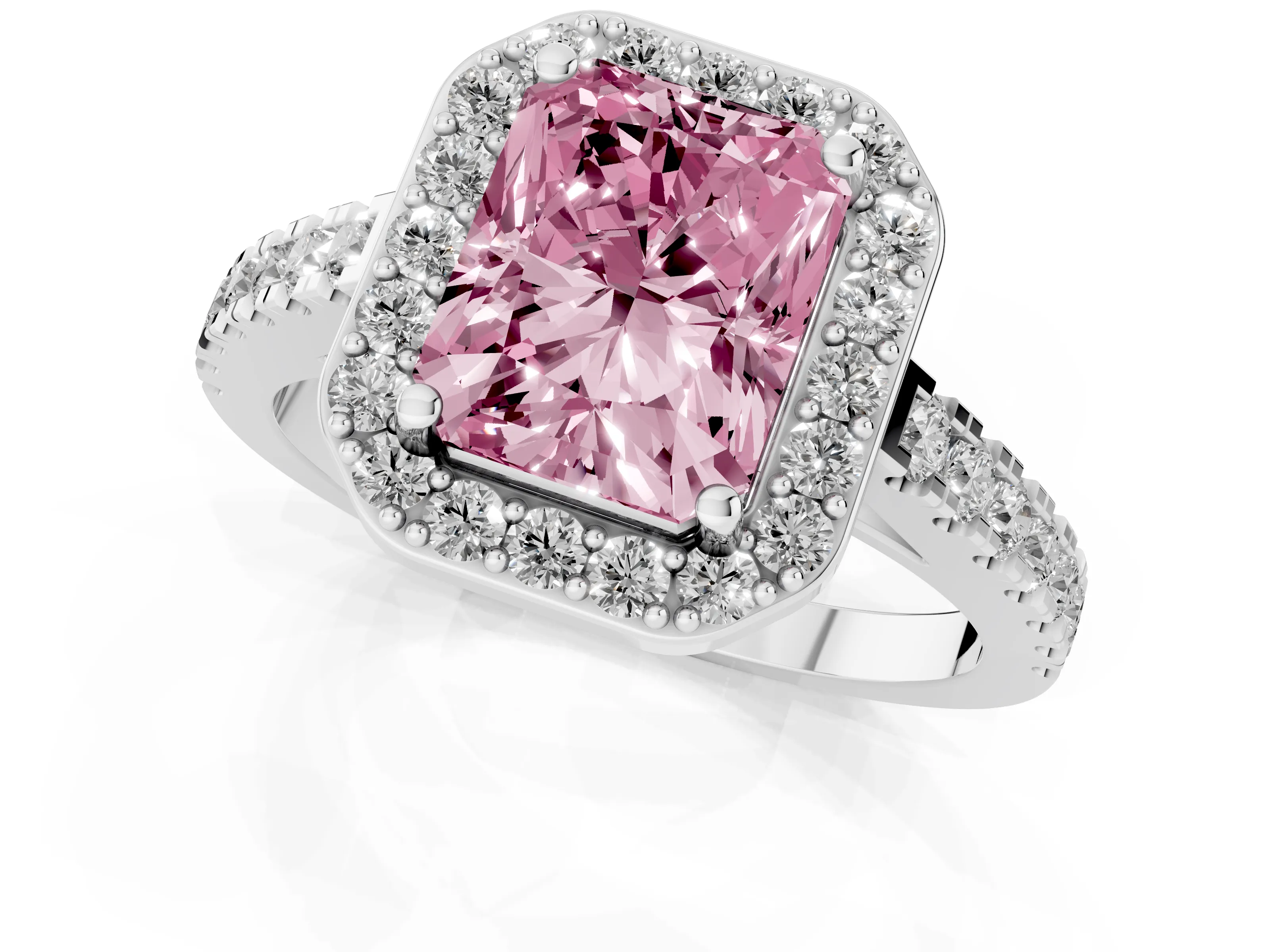 Fancy Pink Radiant Cut Diamond Halo Ring Set in White gold with Round Pavé Split Shank and Prong Setting