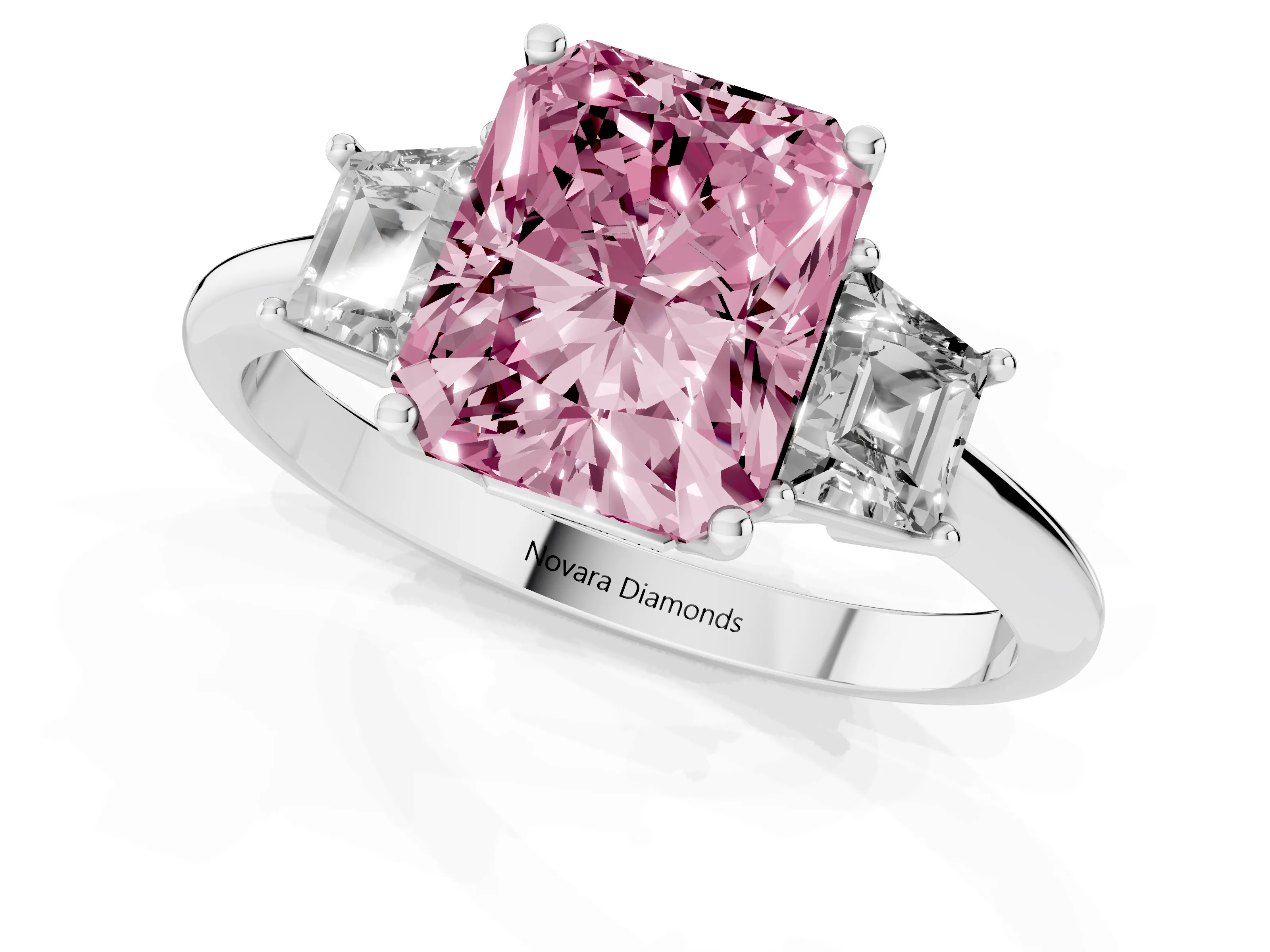 Fancy Pink Radiant Cut Diamond Three-Stone Ring Set in Silver with Trapezoid Side Stones and Prong Setting