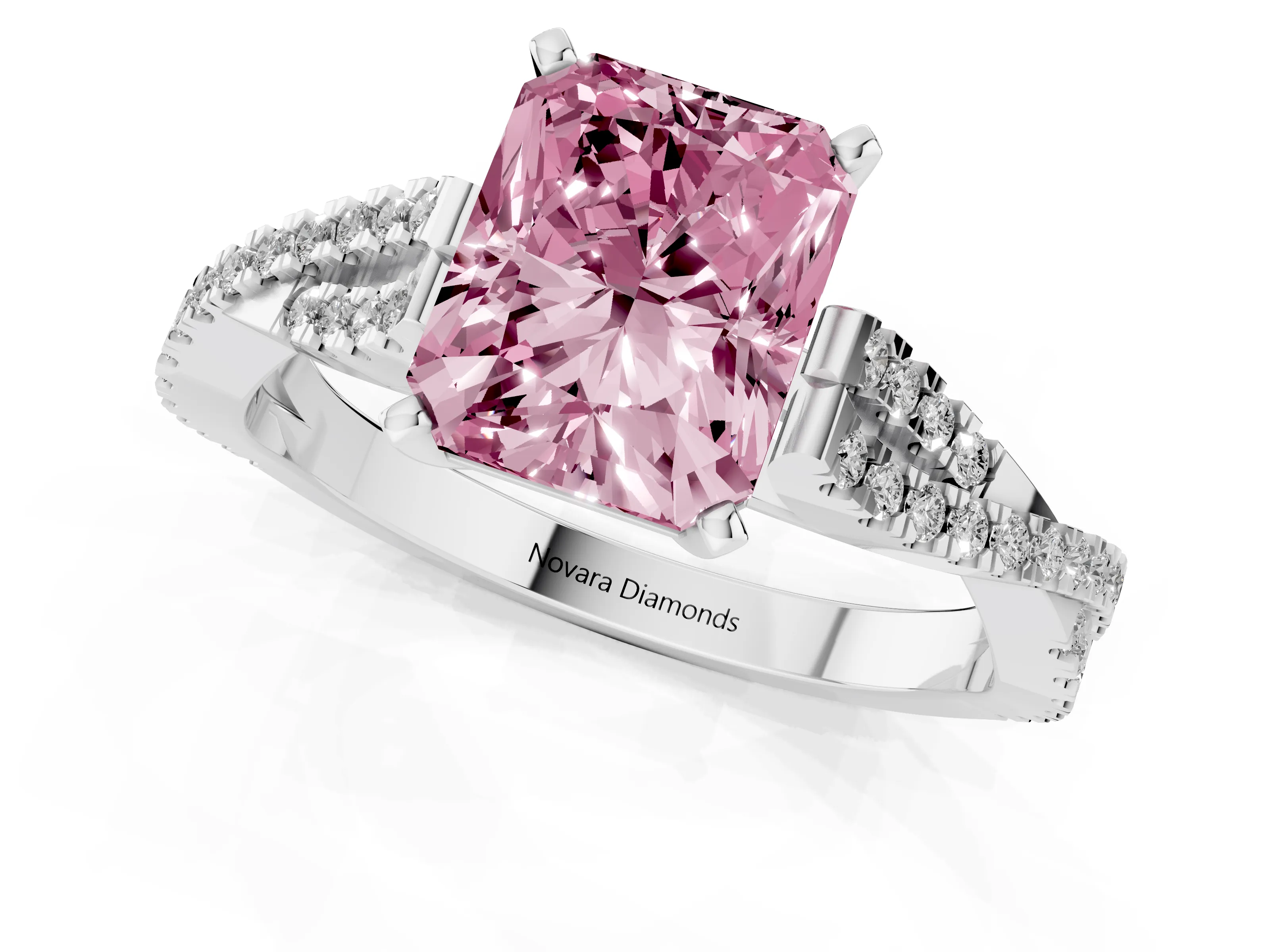 Fancy Pink Radiant Cut Diamond Solitaire Engagement Ring Set in Platinum with Twisted Pavé Band and Prong Setting