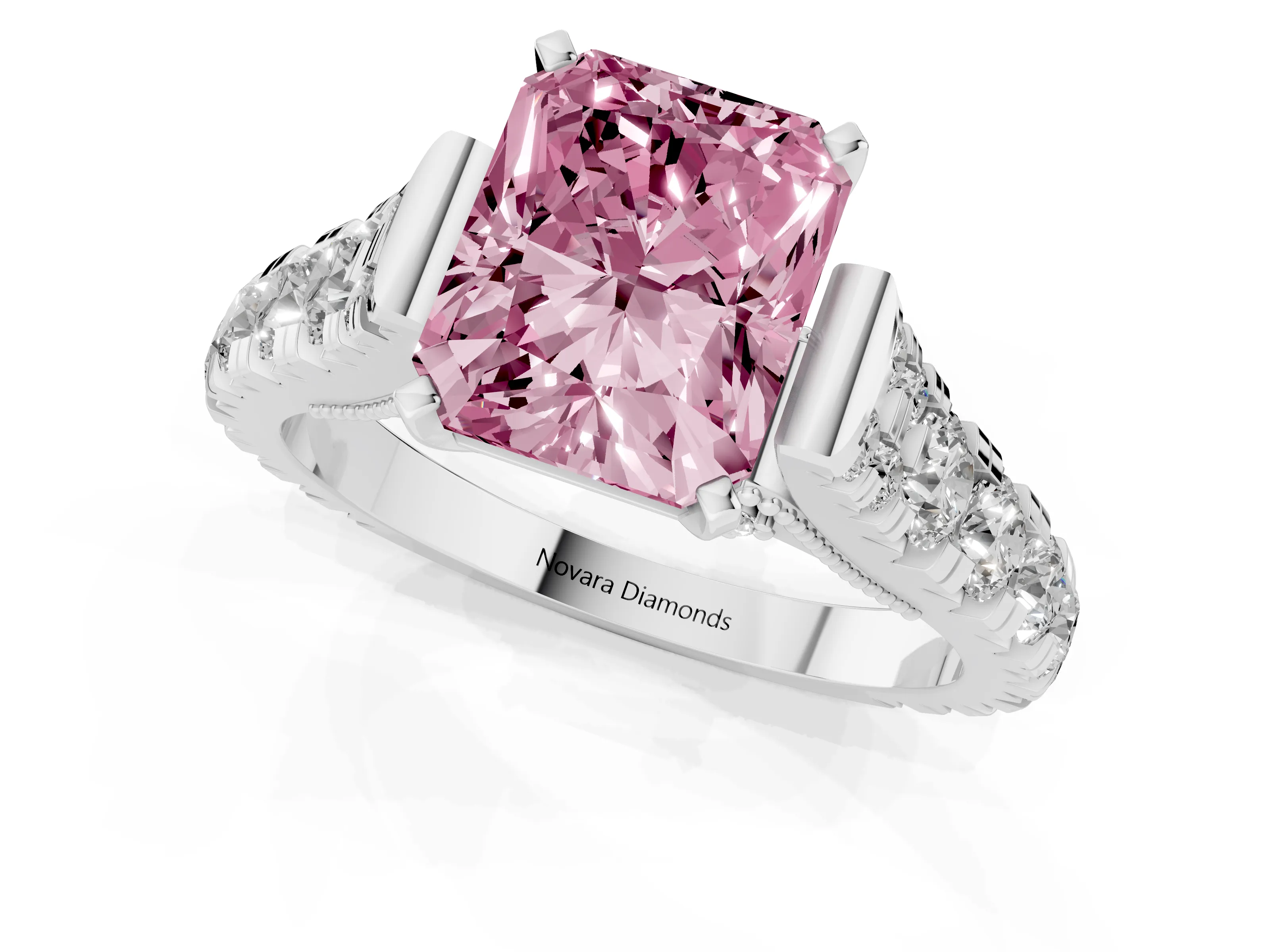 Fancy Pink Radiant Cut Diamond Classic Solitaire Ring Set in White gold with Pavé Band and Prong Setting