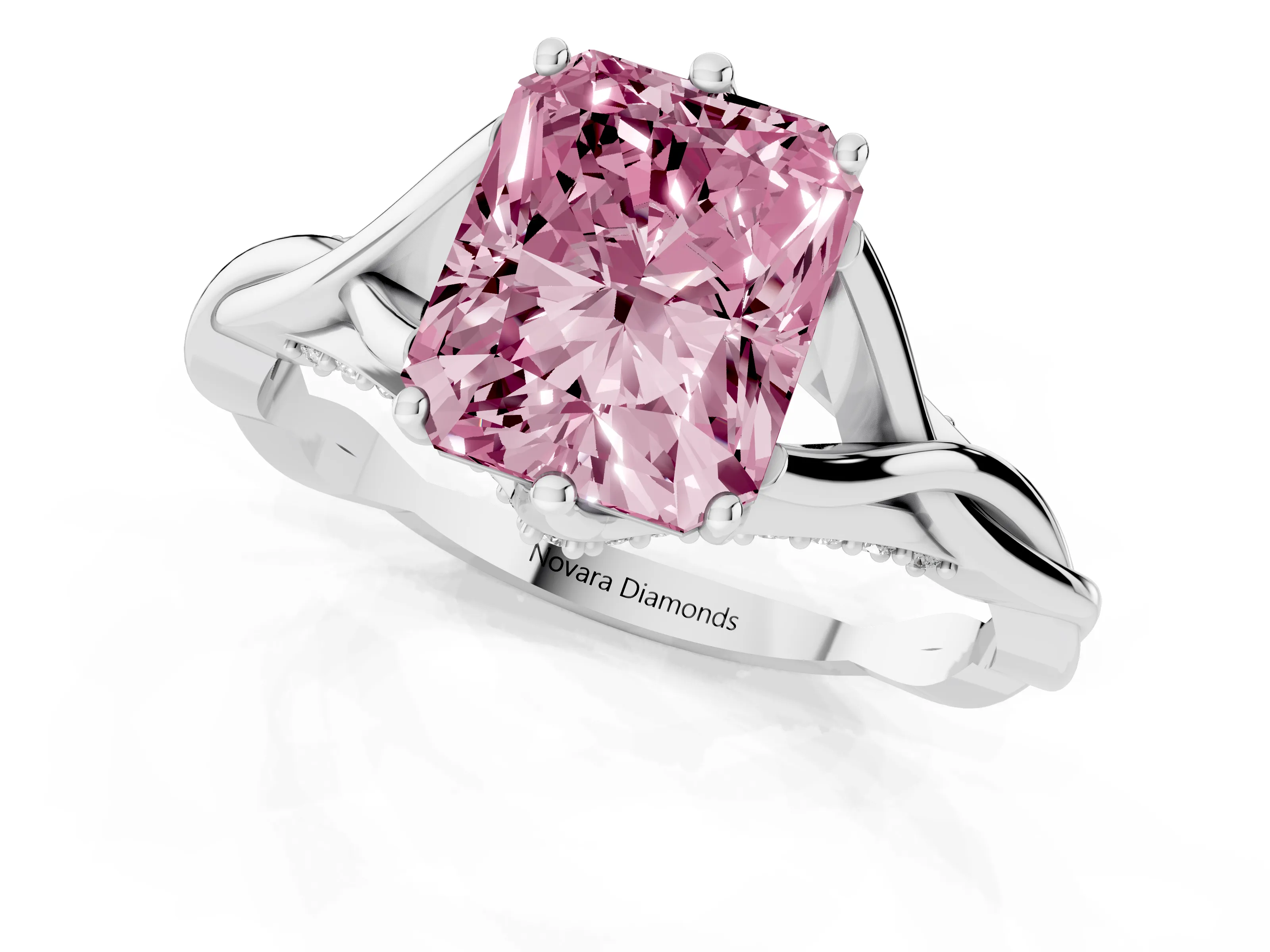 Fancy Pink Radiant Cut Diamond Intertwined Twist Band Solitaire Ring Set in White gold with Prong Setting