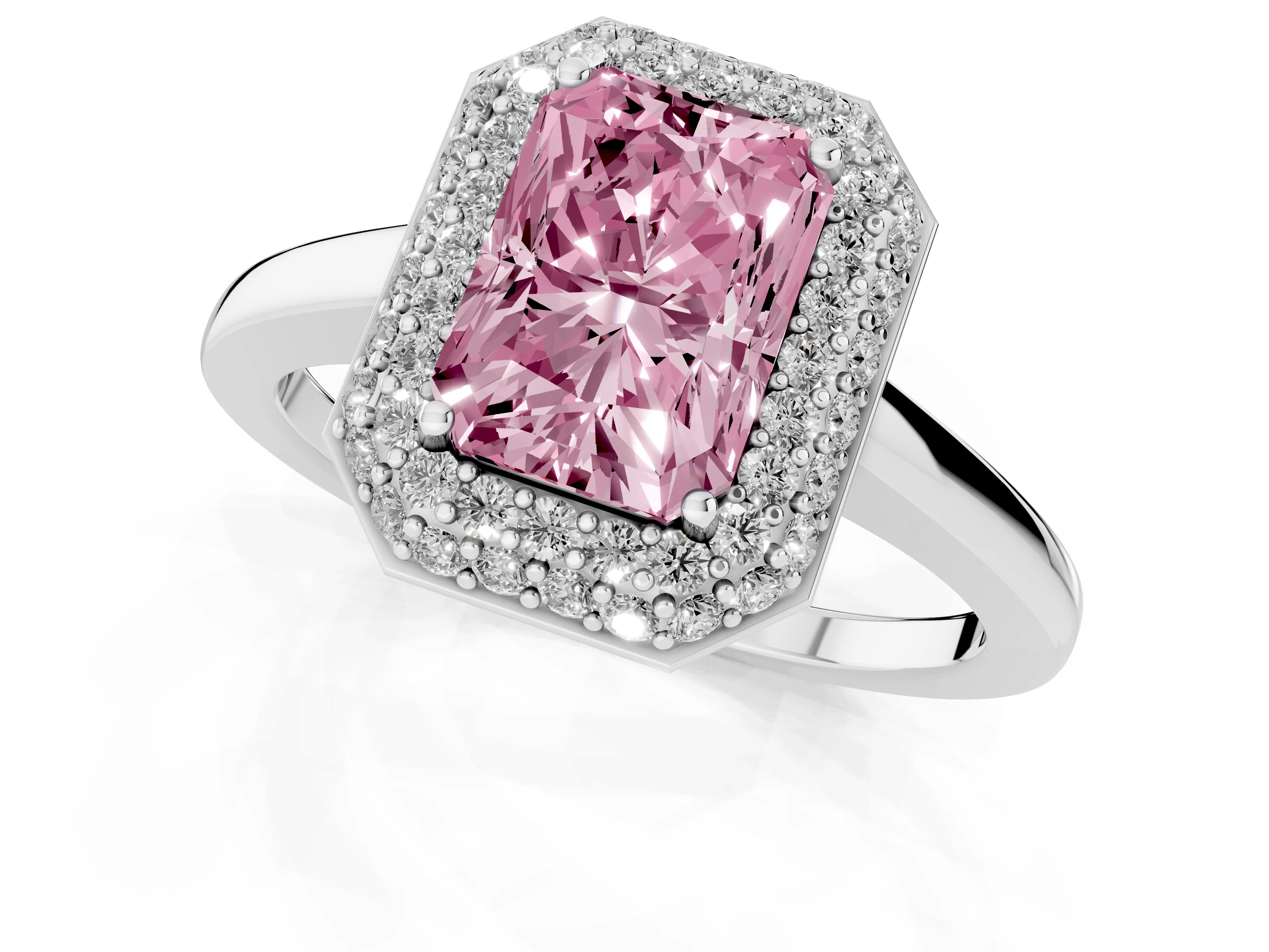 Fancy Pink Radiant Cut Diamond Halo Engagement Ring Set in Platinum with Solitaire Band and Prong Setting