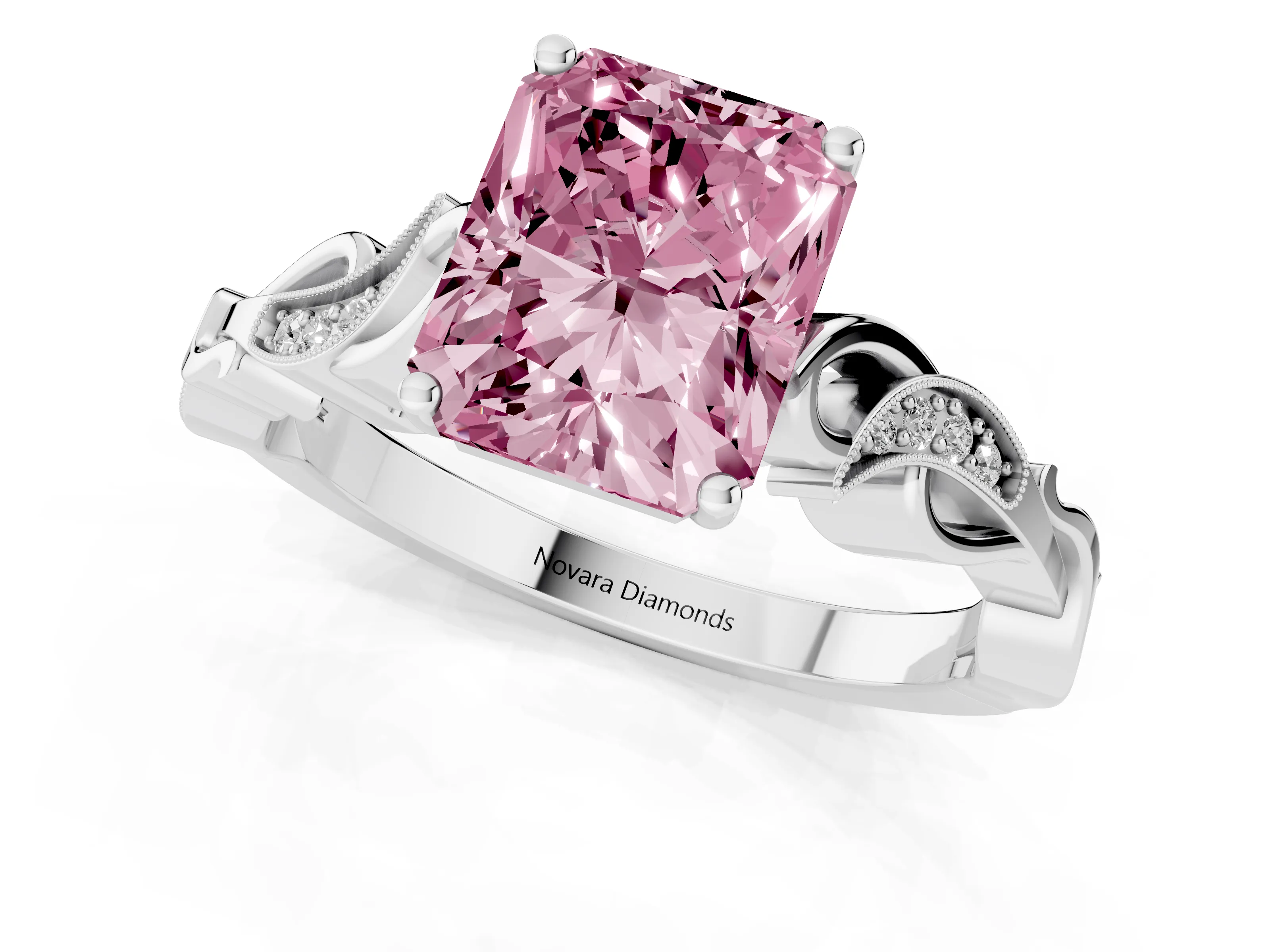 Fancy Pink Radiant Cut Diamond Vine Band Solitaire Ring Set in Platinum with Milgrain Prong Setting