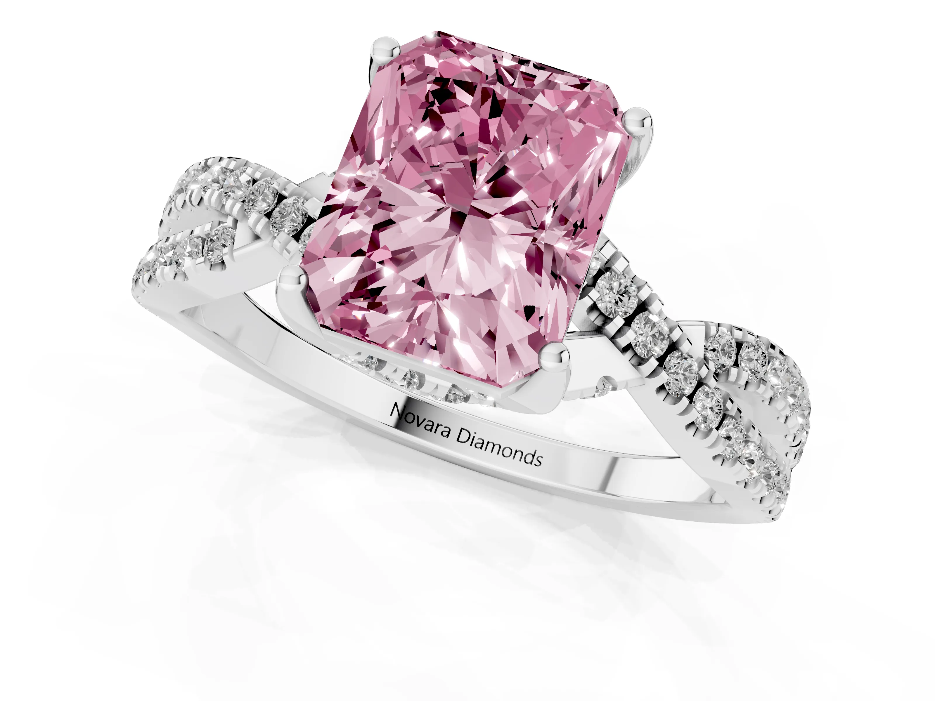 Fancy Pink Radiant Cut Diamond Twist Pavé Solitaire Engagement Ring Set in Silver with Prong Setting