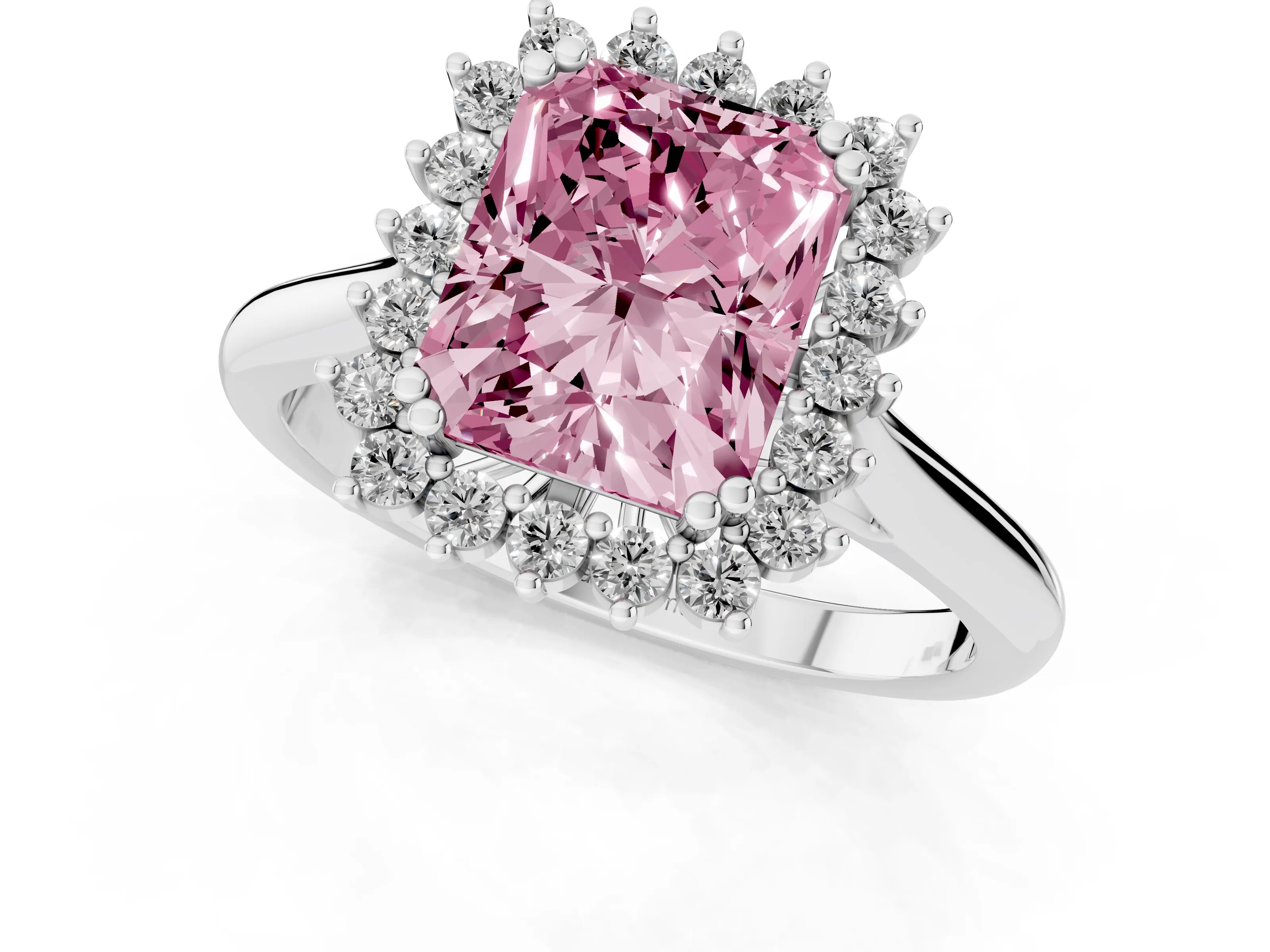 Fancy Pink Radiant Cut Diamond Halo Ring Set in Platinum with Plain Solitaire Band and Prong Setting