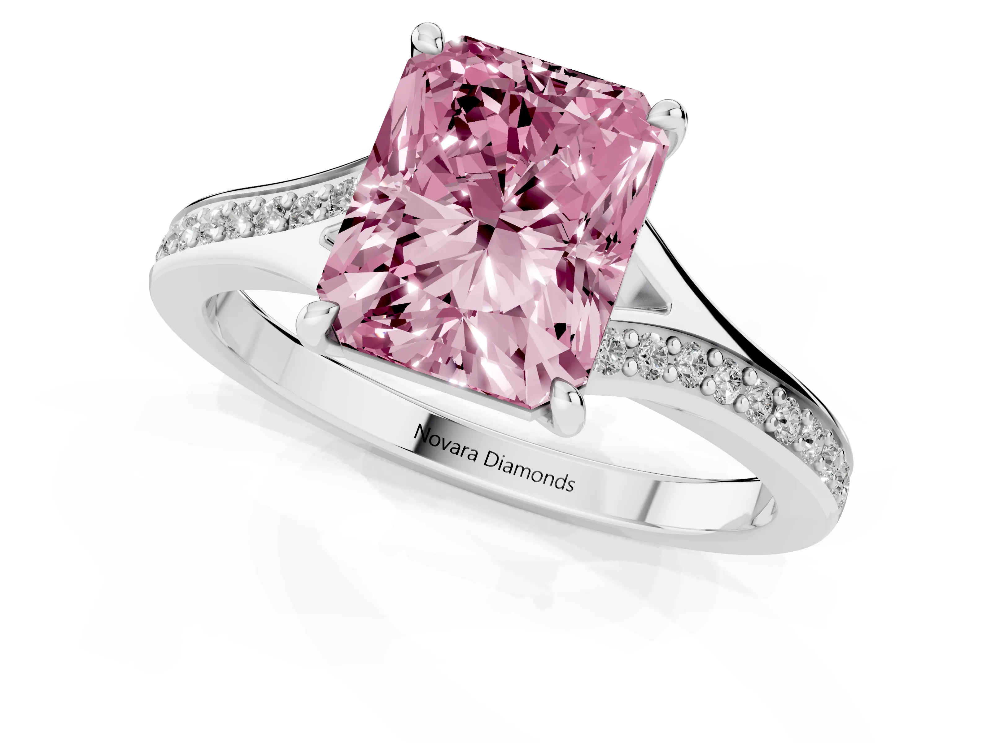 Fancy Pink Radiant Cut Diamond Solitaire Ring Set in Platinum with Pavé Accent Band and Classic Prong Setting