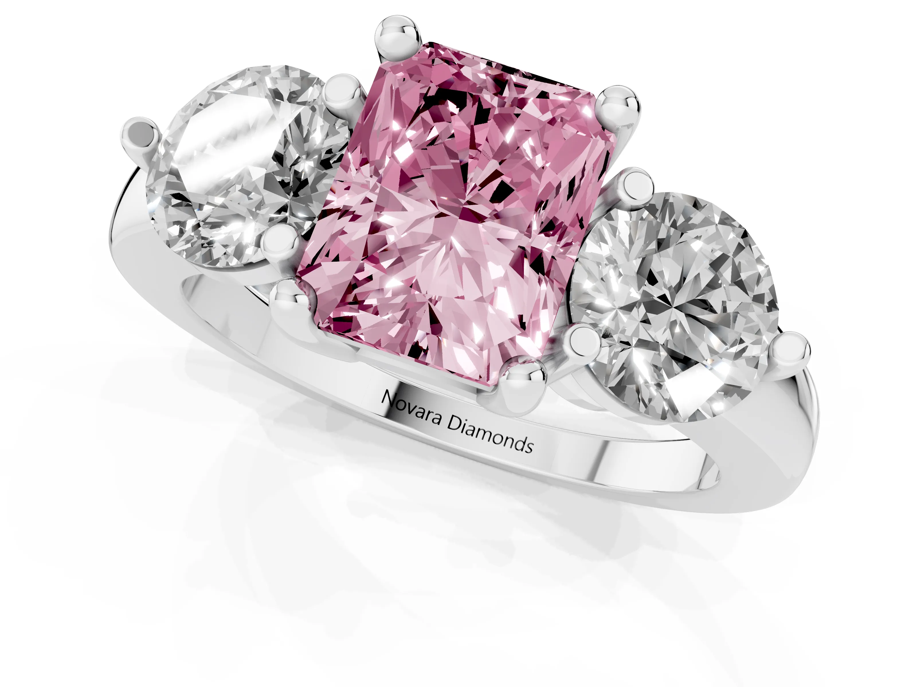 Fancy Pink Radiant Cut Diamond Three-Stone Ring Set in Silver with Prong Setting and Classic Band