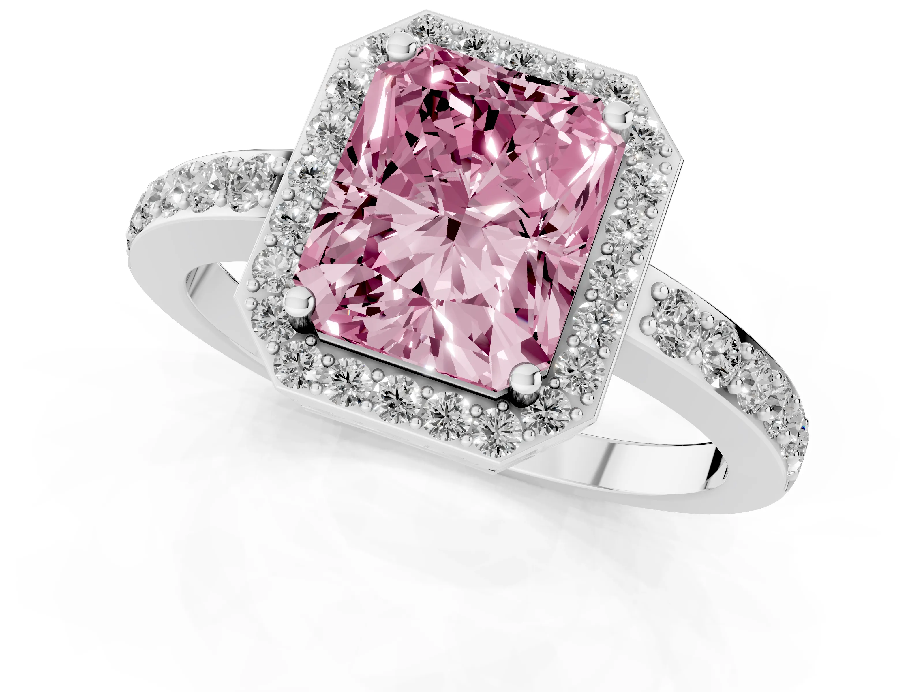 Fancy Pink Radiant Cut Diamond Halo Ring Set in White gold with Pavé-Setting Band and Open Prong Center