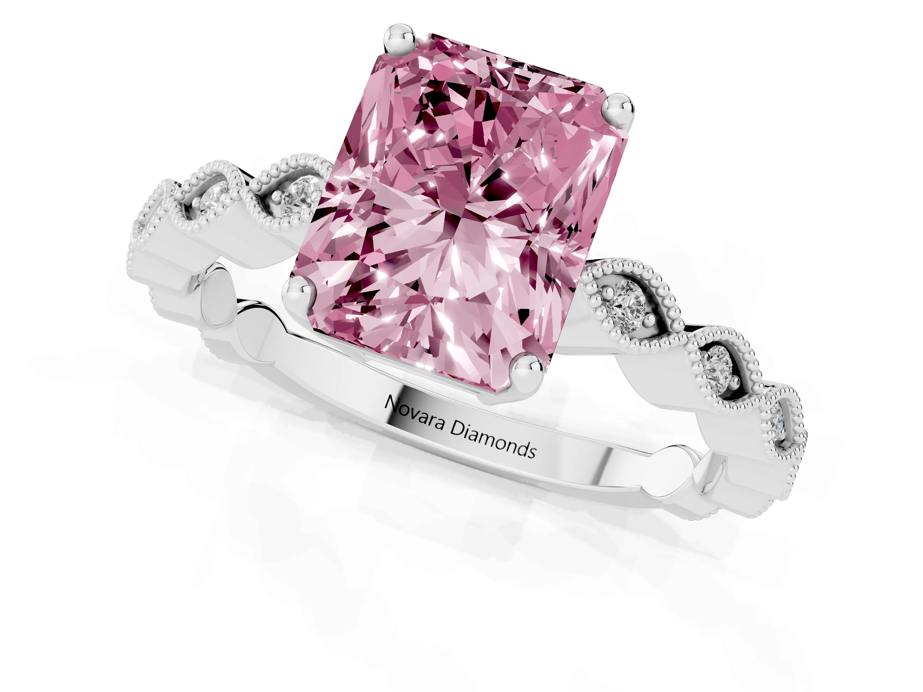 Fancy Pink Radiant Cut Diamond Solitaire Ring Set in Platinum with Infinity Twist Pavé Band
