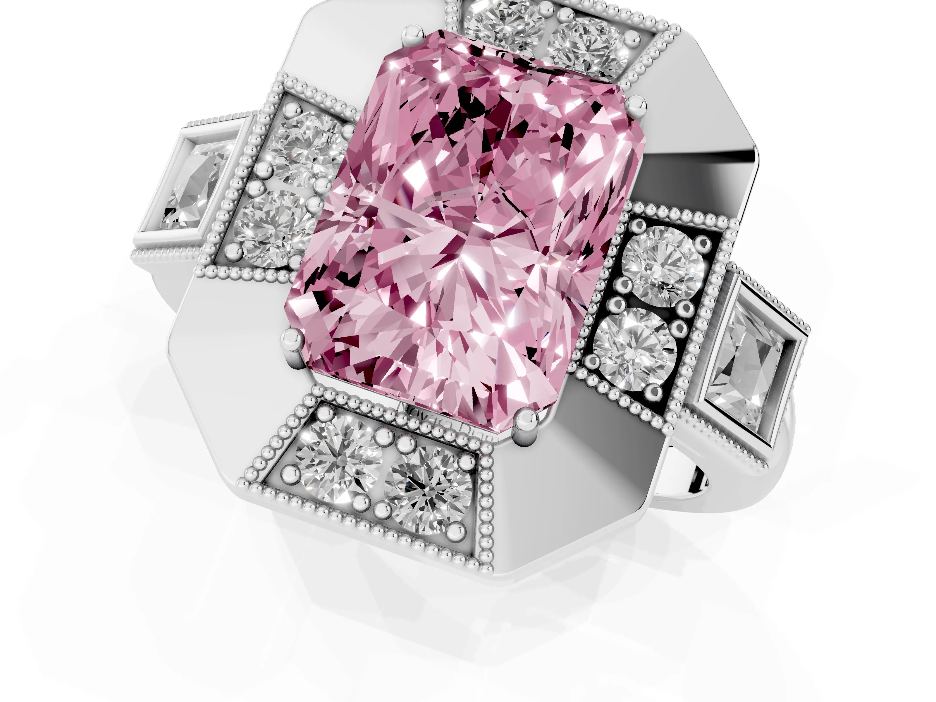 Fancy Pink Radiant Cut Diamond Milgrain Halo Ring Set in Silver with Split Shank