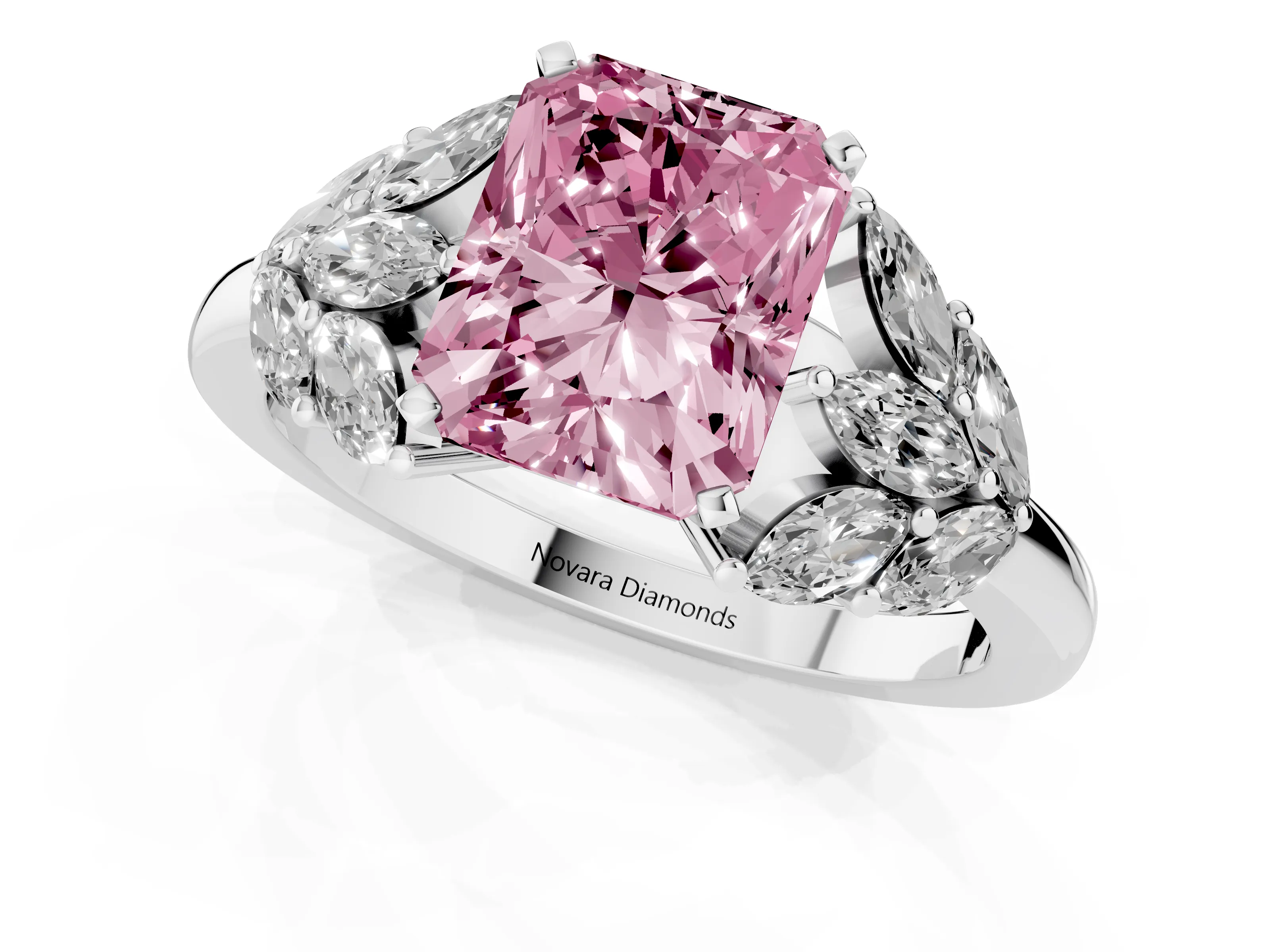 Fancy Pink Radiant Cut Diamond Cluster Leaf Design Ring Set in White gold with Prong Setting