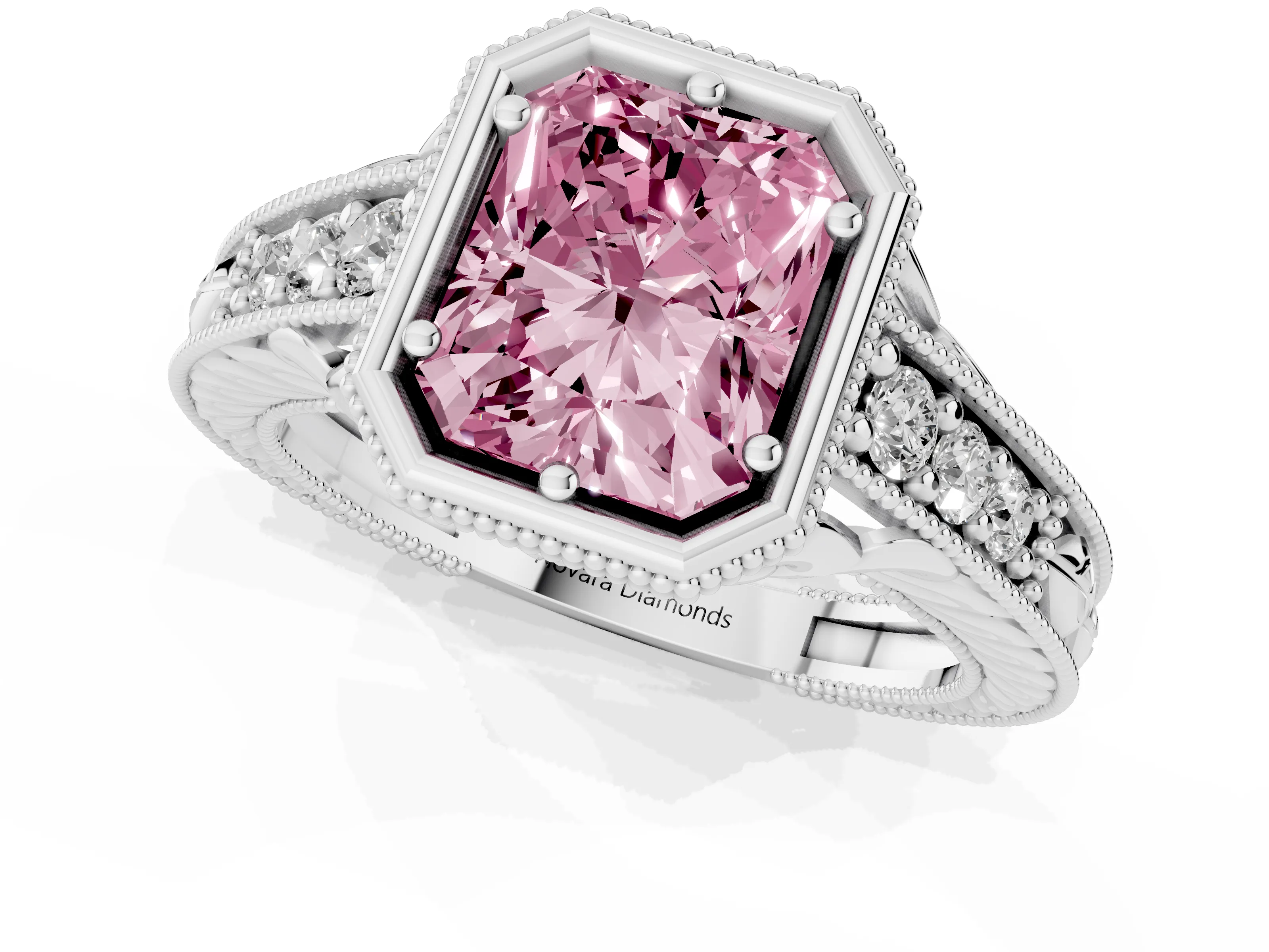 Fancy Pink Bezel Set Radiant Cut Diamond Milgrain Pavé Engagement Ring Set in Silver