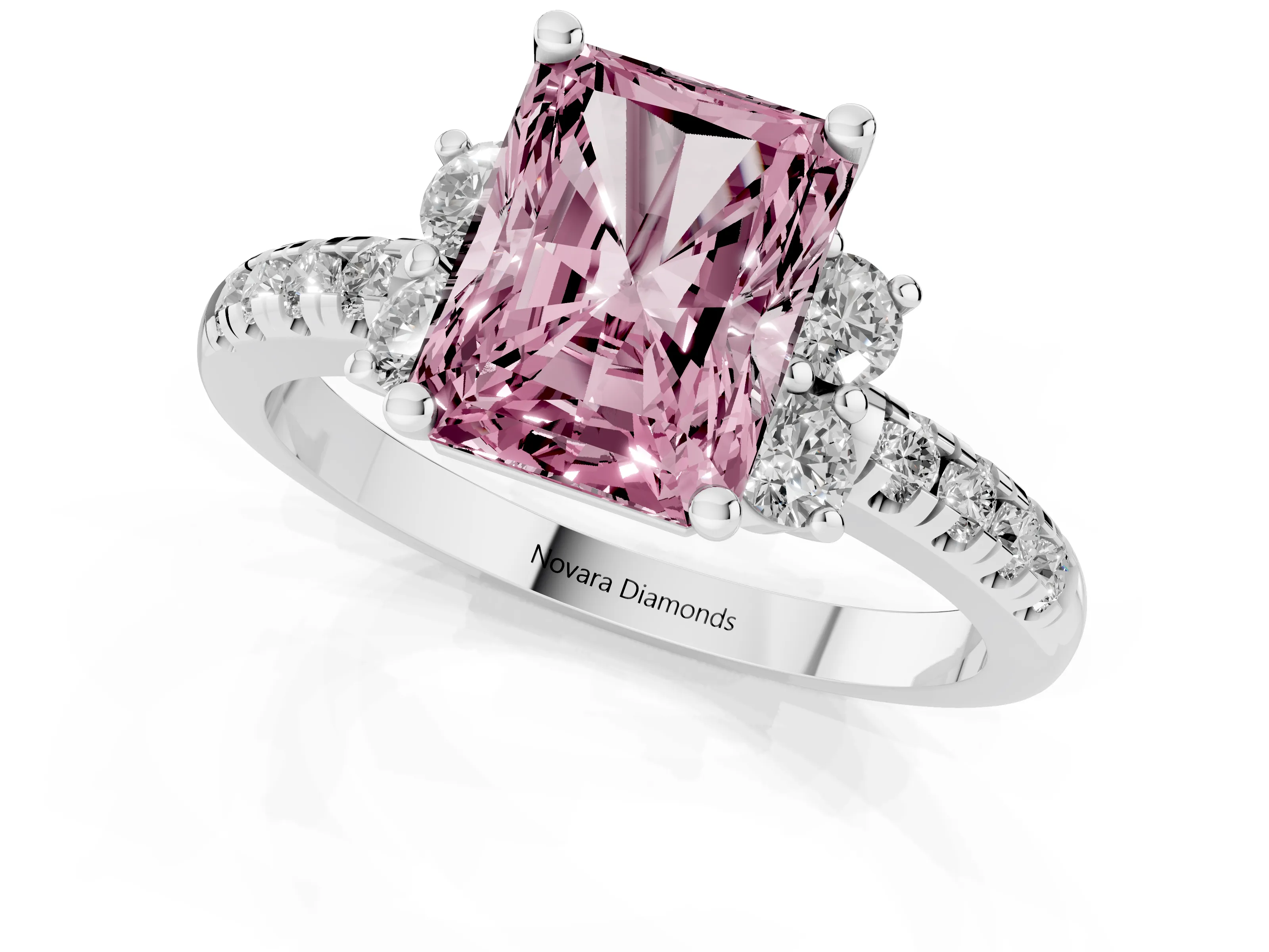 Fancy Pink Radiant Cut Diamond Three-Stone Pavé Ring Set in Silver with Prong Setting