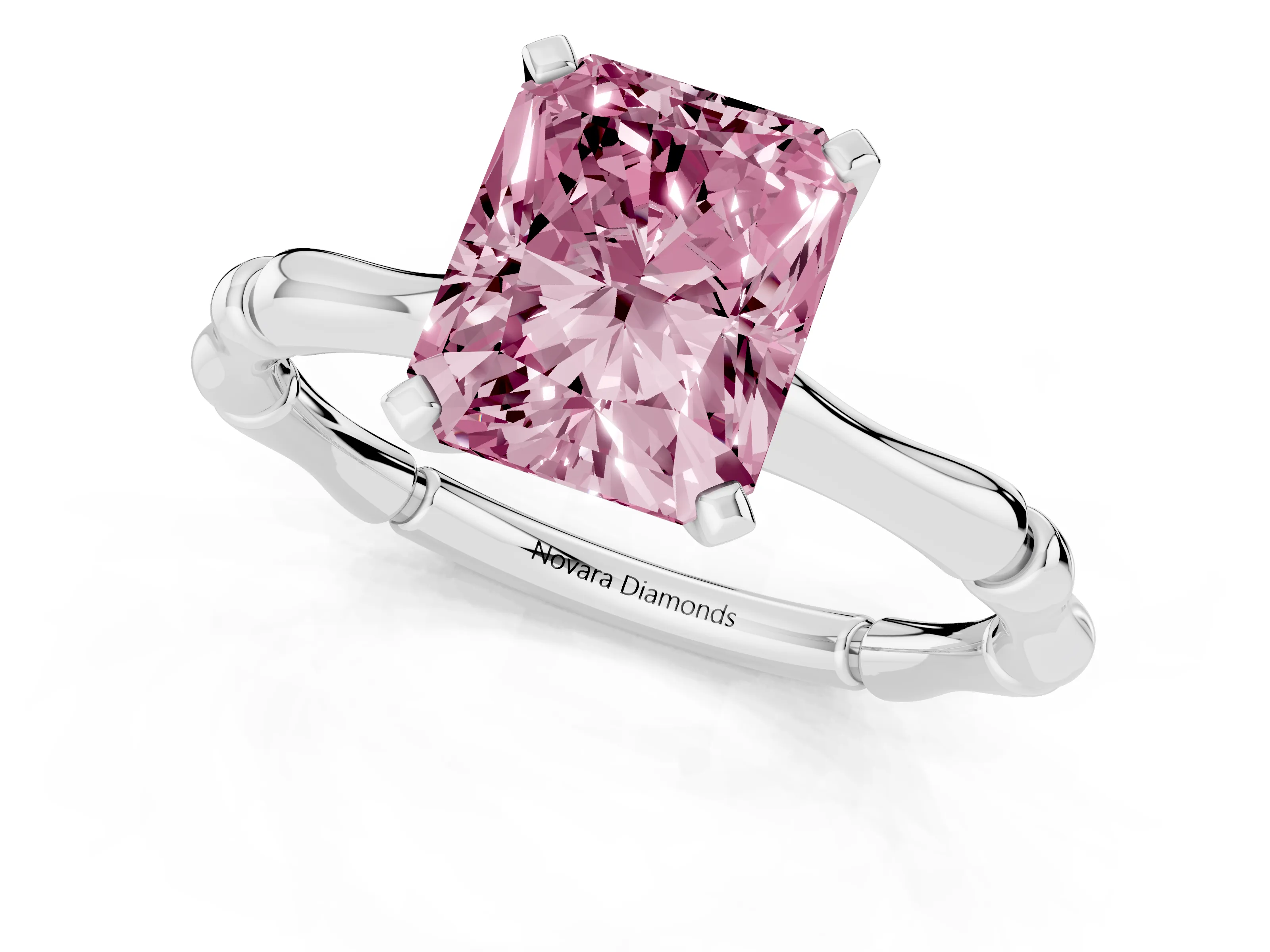 Fancy Pink Radiant Cut Diamond Solitaire Ring Set in Silver with Bamboo Band and Prong Setting